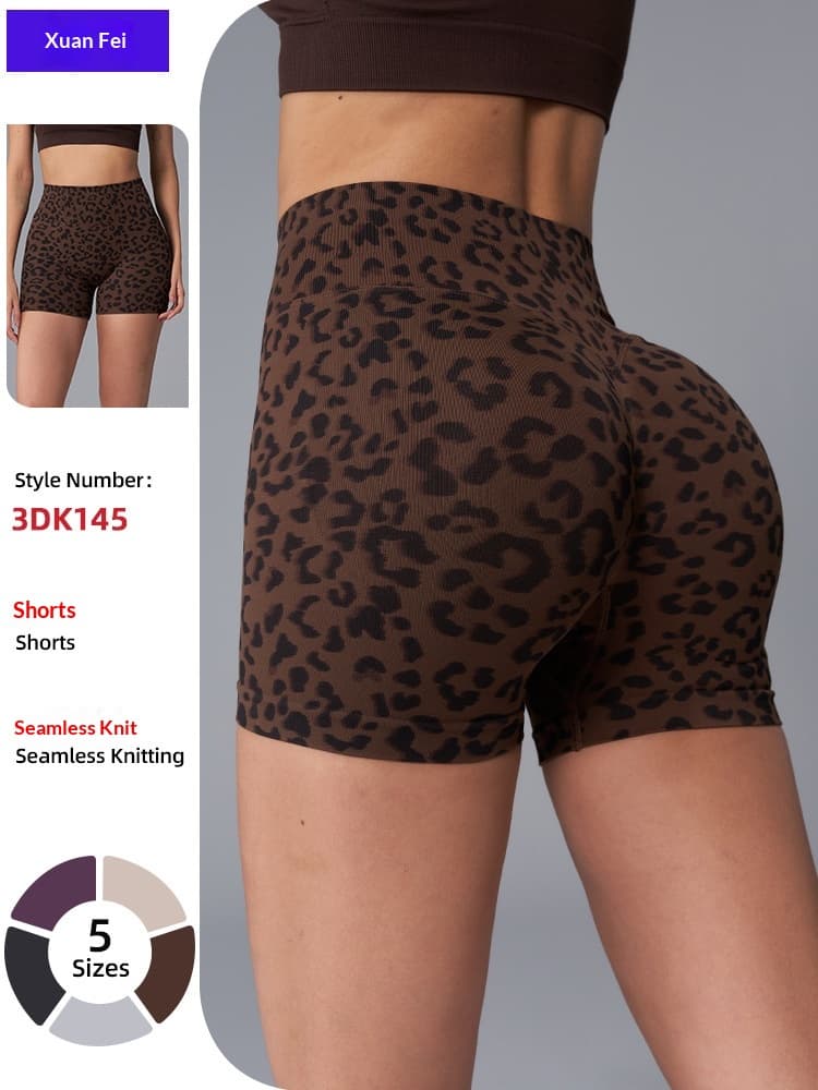 Cross-Border Leopard Print High-Waisted Tummy Control Yoga Shorts For Women, Seamless Three-Point Fitness Shorts, Breathable Sports Fitness Wear