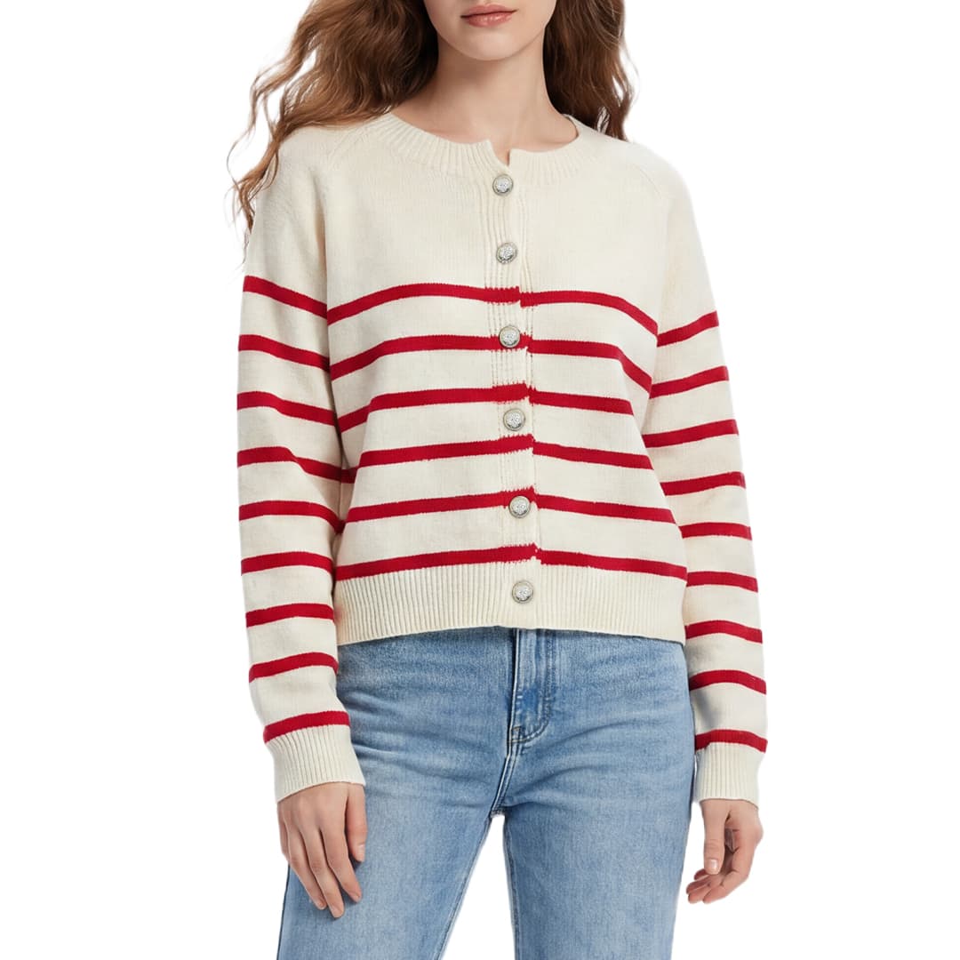 Women's Striped Knit Cardigan Red White Crewneck Button Up Sweater Coat Casual Long Sleeve Knitwear