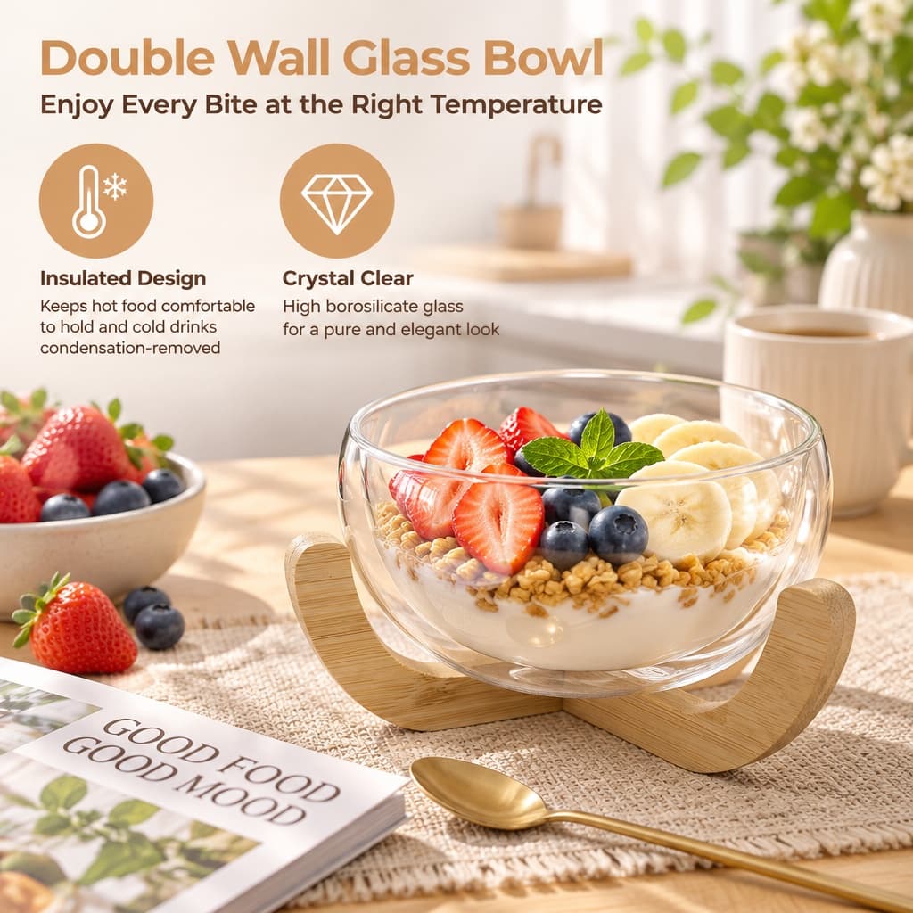 Double Wall Glass Bowl With Bamboo Stand, Insulated Borosilicate Dish For Salad Fruit Dessert