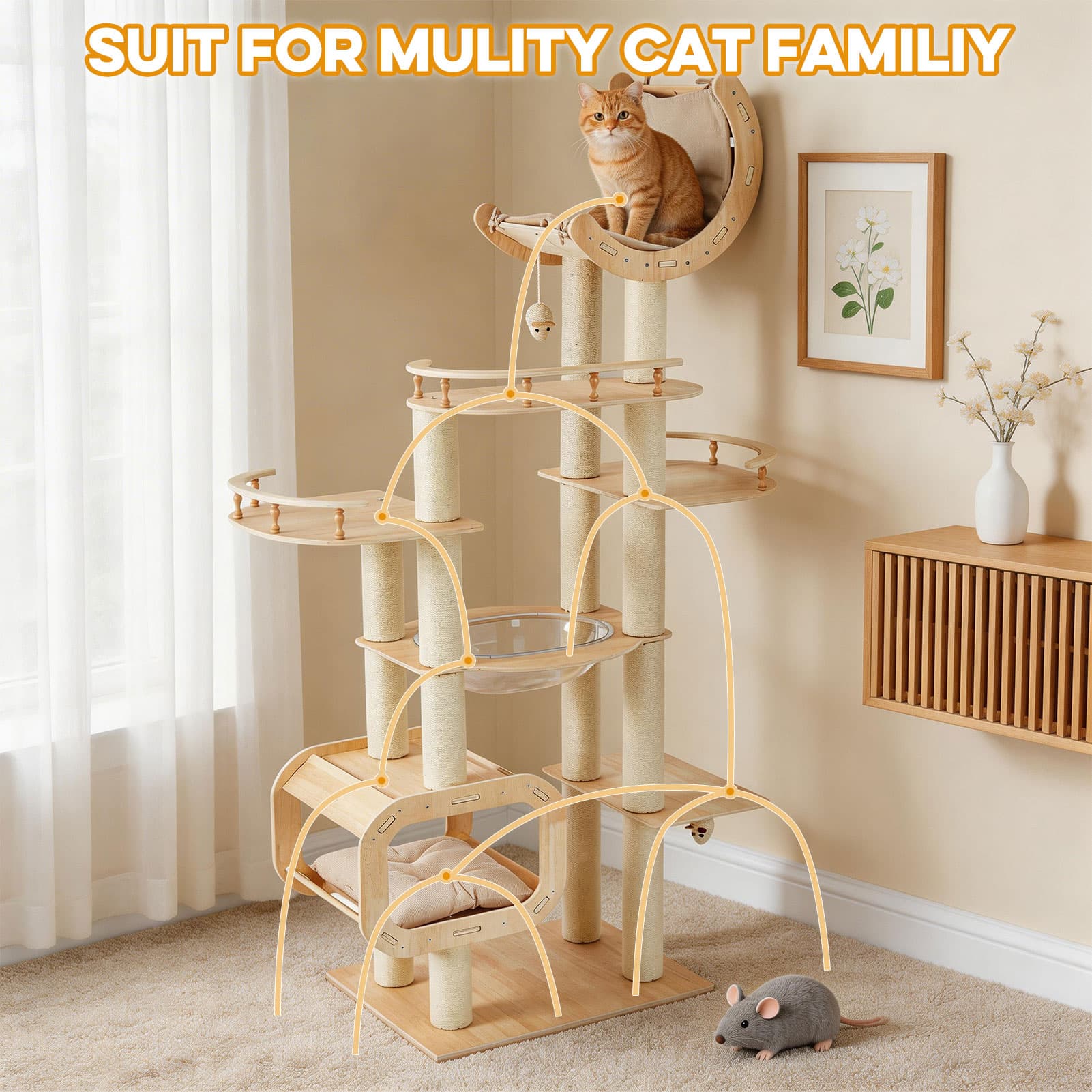 Heavy-Duty No-Drill Large Cat Tree-Solid Wood, 5-Story Multi-Column Cat Tower, 80.4in For Large Spaces & Multi-Cat Households, Open Condo, Space Capsule, Bed, Durable Indoor Pet Furniture