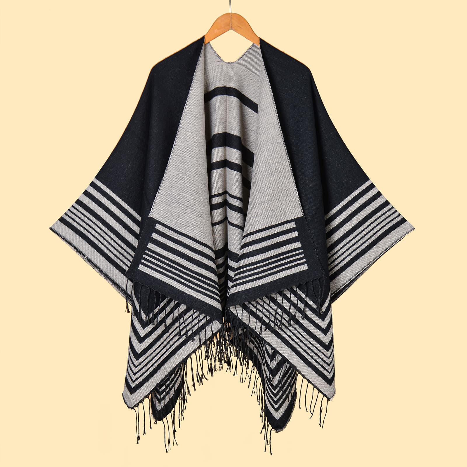 Women's Minimalist Frame Horizontal Stripe Tassel Split Warm Shawl Poncho For Autumn Winter