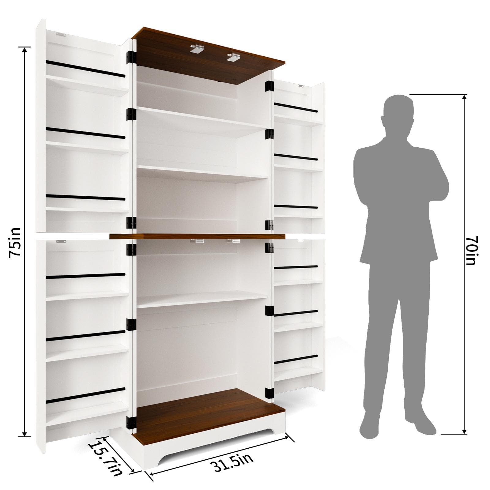Farmhouse Kitchen Pantry Cabinet, 70in Tall Storage Cabinet With Adjustable Shelves & 4 Barn Doors & Drawer