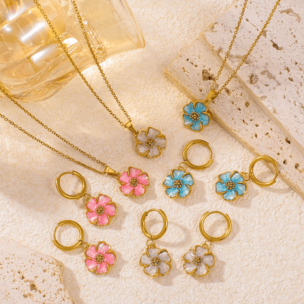 Stainless Steel Multi-colored Dripping Oil Flower Pendant Necklace Earrings