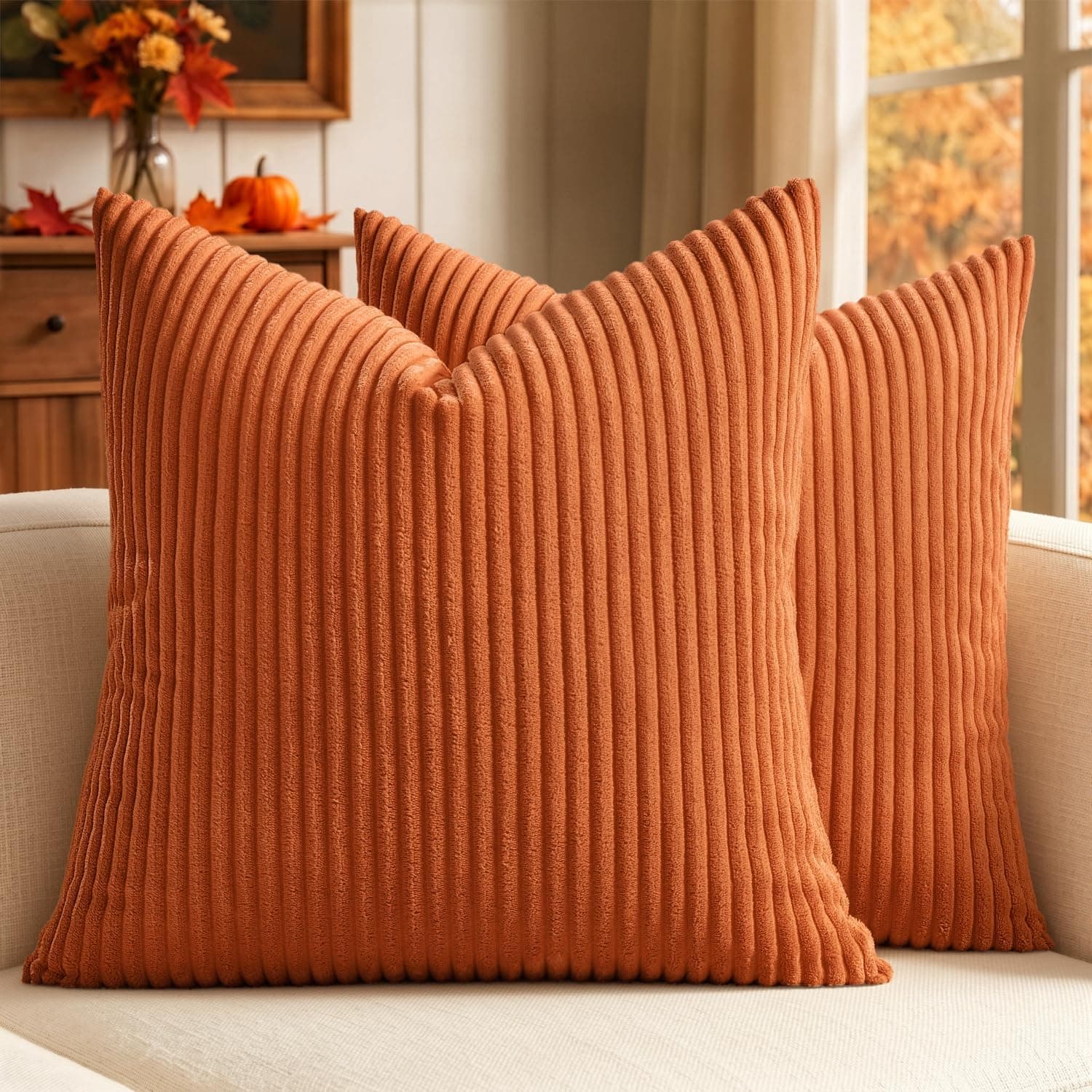 Fall Corduroy Throw Pillow Covers 2 Pack, 14x14 Inch Decorative Cushion Cases For Sofa, Couch, Bed And Home Decor, Orange