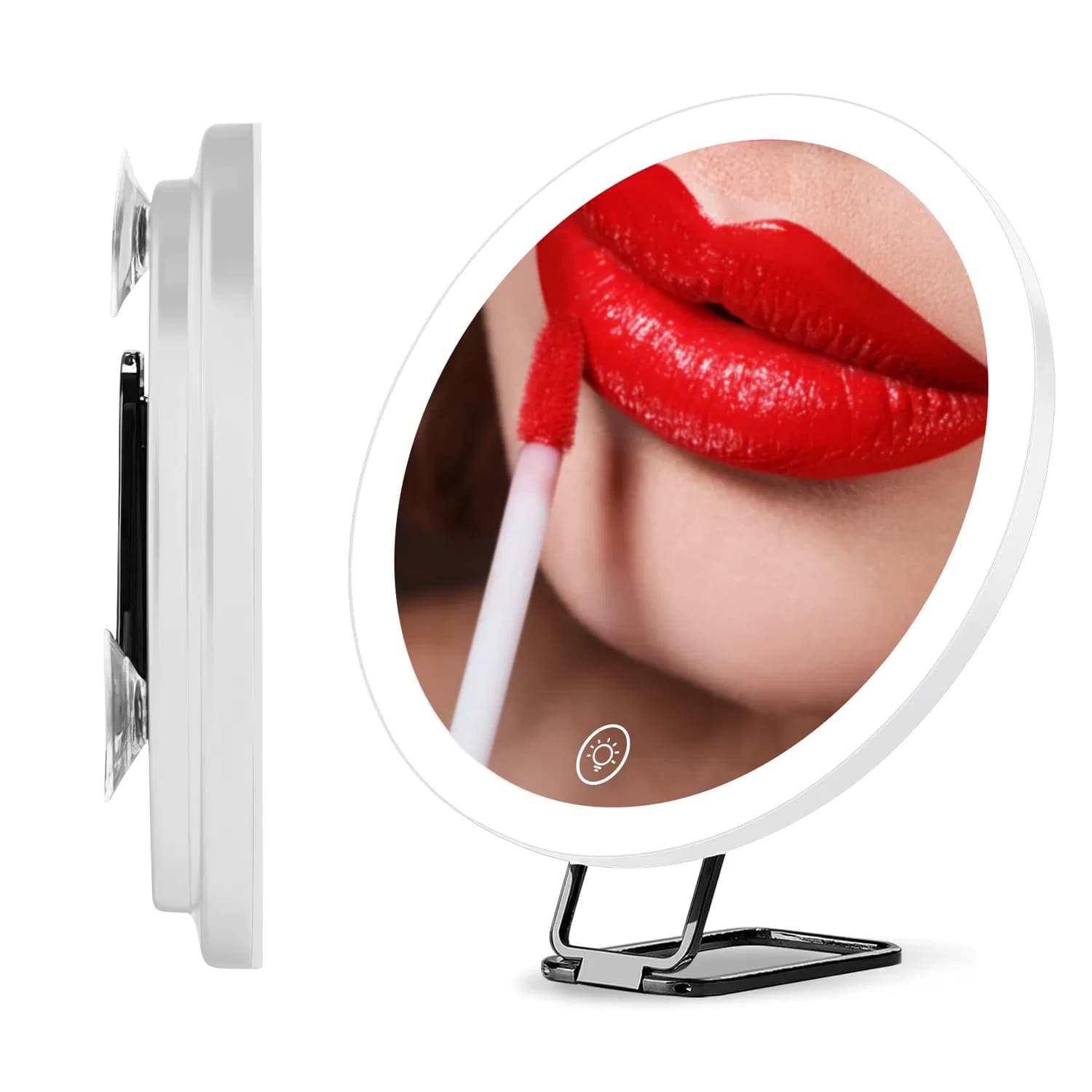 Rechargeable 30X Magnifying Makeup Mirror with 60 LED Beads, 3 Lighting Colors & Dimmable Brightness, 360° Rotatable Suction Travel Mirror, Includes Tweezers and Grooming Scissors