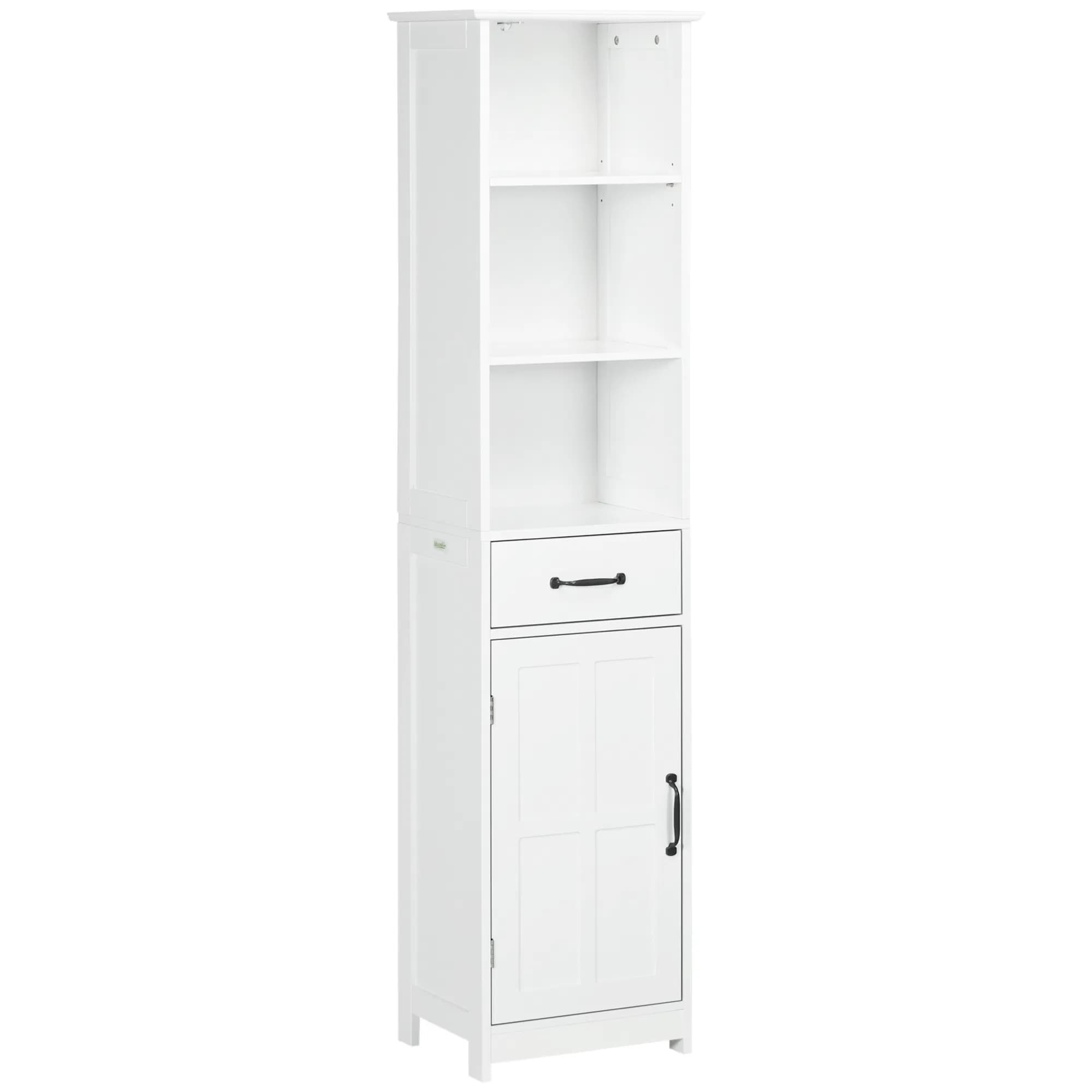 Modern Bathroom Cabinet, Narrow Bathroom Vanities with 3 Open Shelves, Drawer and Adjustable Shelf, White