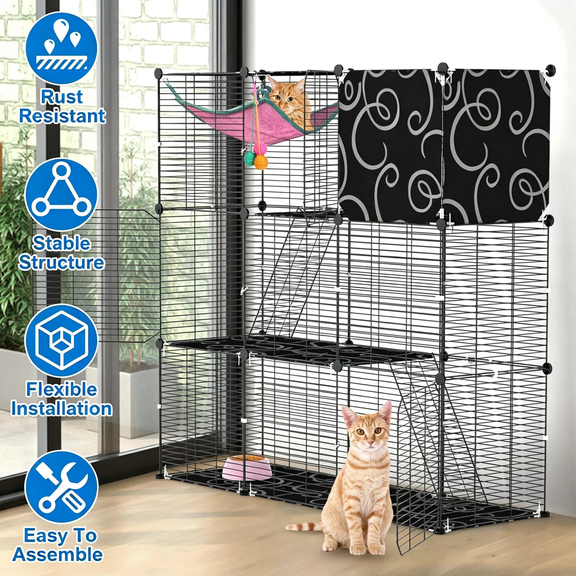 3-Level Metal Cat Cage Enclosure, Modular Pet Habitat with 3 Doors, 2 Ladders, Plush Hammock and Toy Ball for Small Indoor Animals