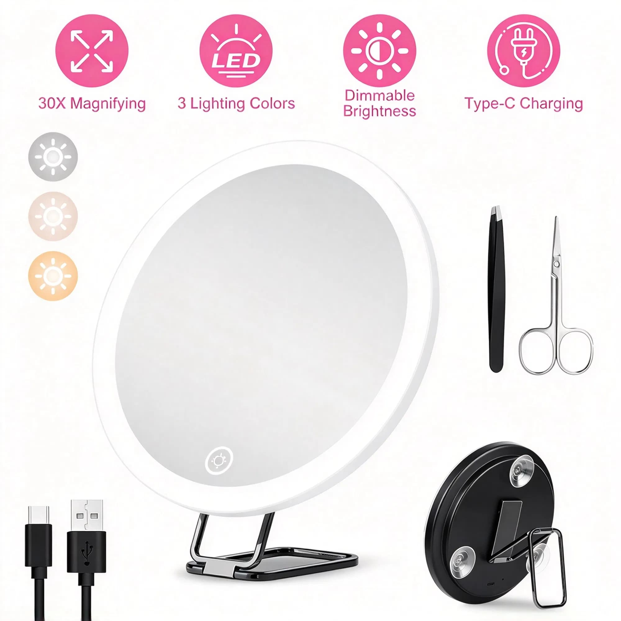 Rechargeable 30X Magnifying Makeup Mirror with 60 LED Beads, 3 Lighting Colors & Dimmable Brightness, 360° Rotatable Suction Travel Mirror, Includes Tweezers and Grooming Scissors