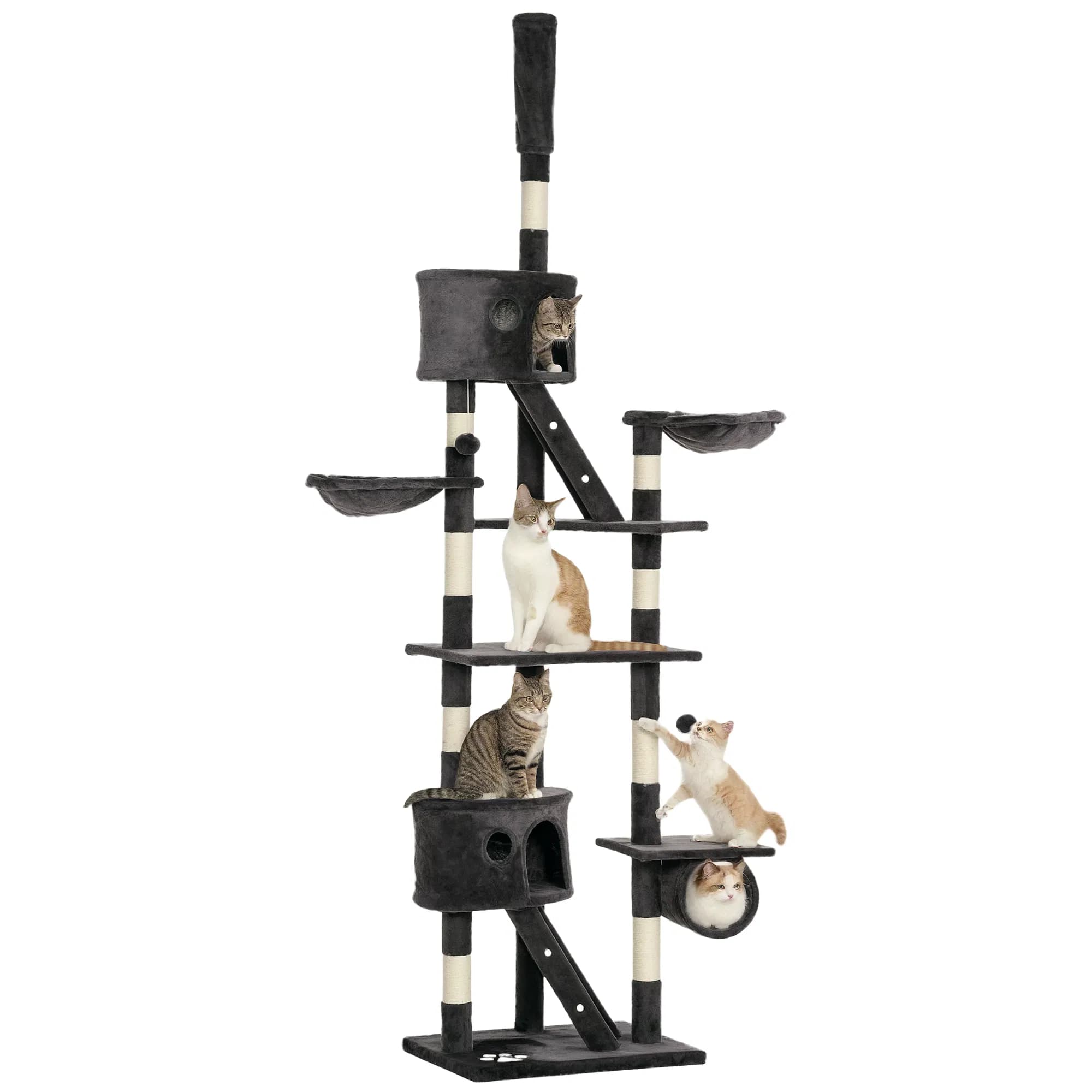 94"-102" Floor to Ceiling Cat Tree High Cat Condo Scratching Post Activity Center Multi-Level Play House Dark Grey