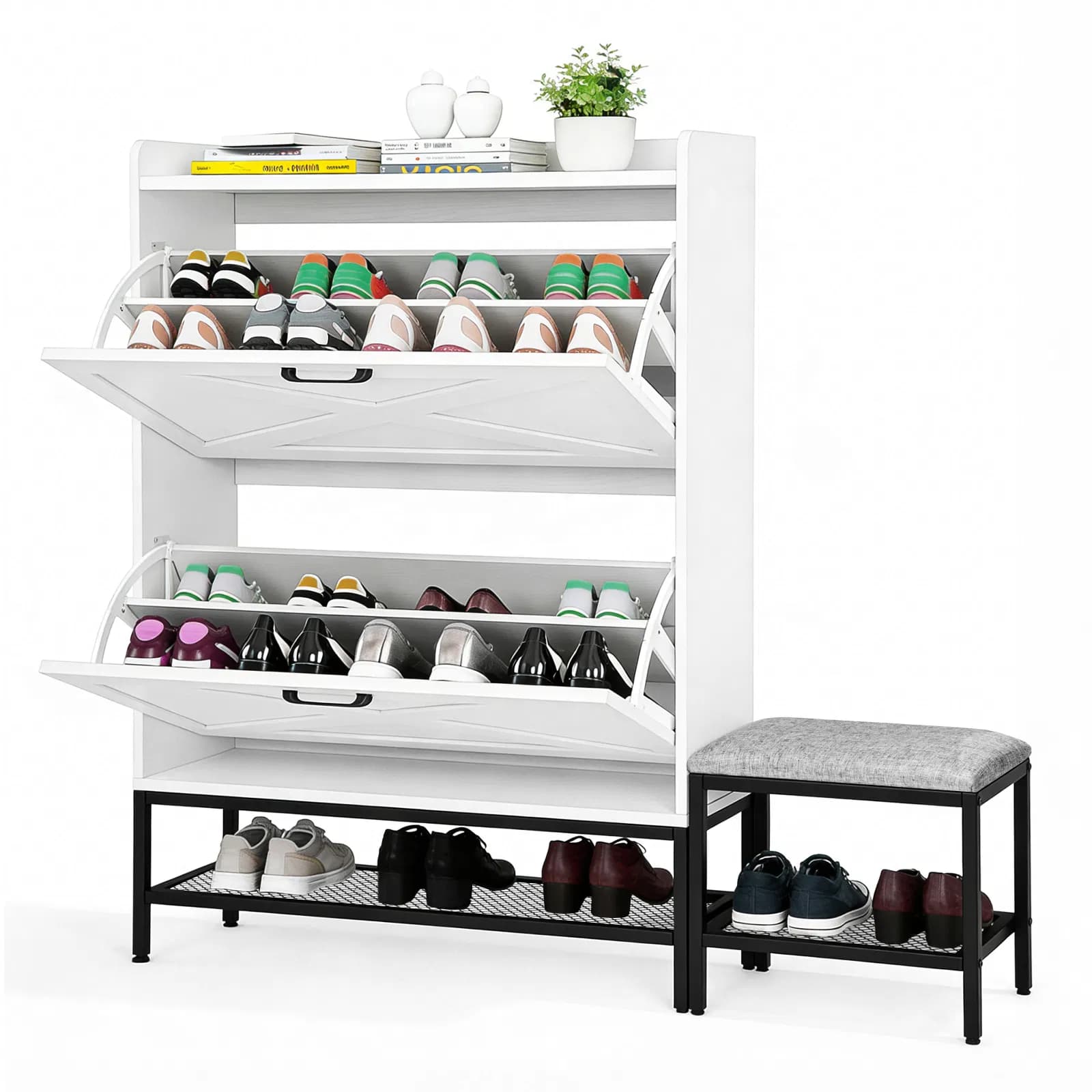 Barn door style shoe cabinet with 2 flip-down compartments, baffle, wire mesh, metal legs with soft pads, and 1 hook. Made of particleboard. Dimensions: 120*24*120cm. Color: White