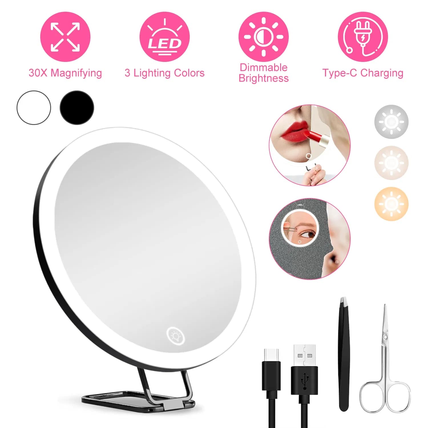 30X Magnifying Mirror With Light 3 Colors Dimmable Brightness Included Tweezer Scissor Travel Magnifying Makeup Mirror with Suction Cup 360° Adjustable Stand 20Mins Timer