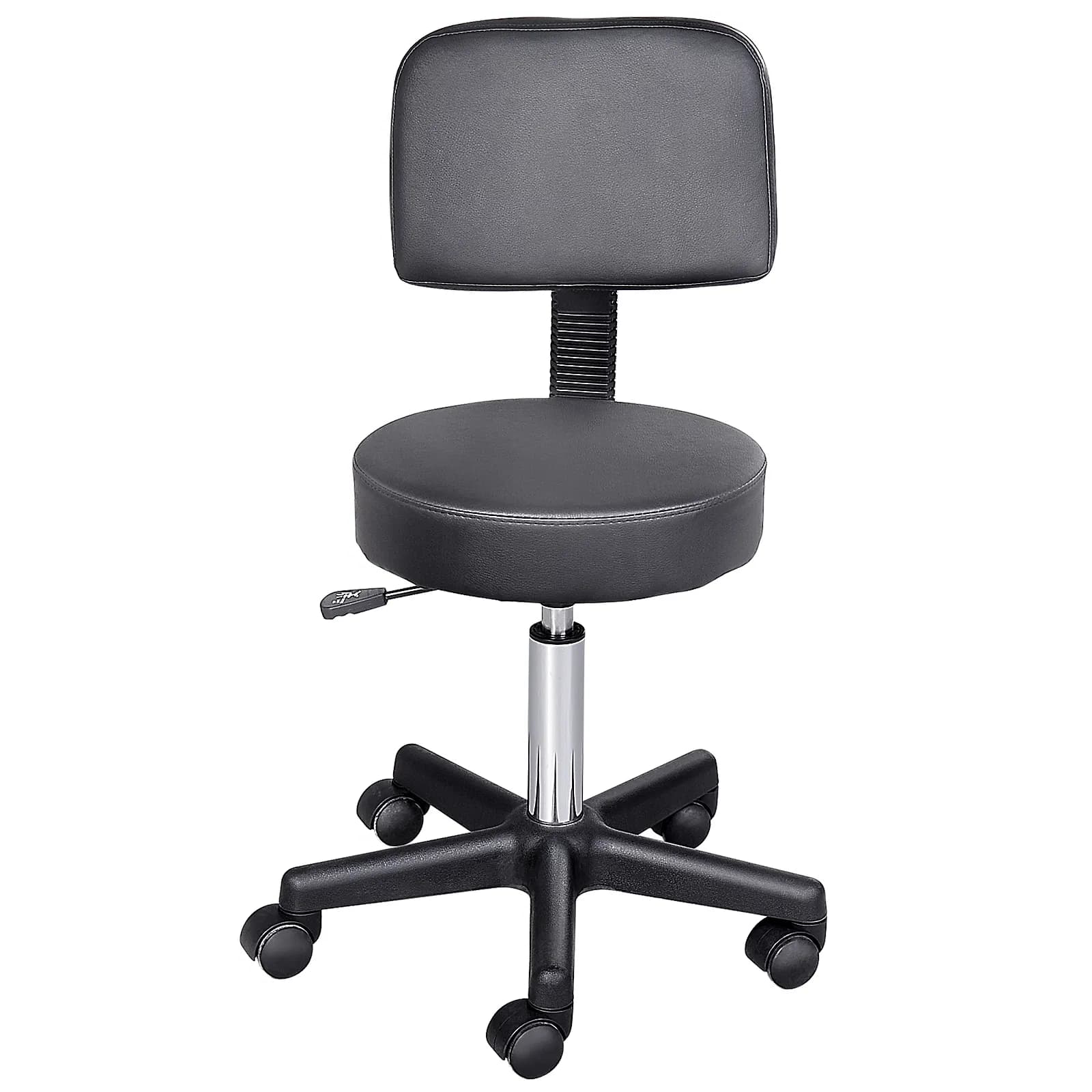 Rolling Stool Comfort: PU Leather Adjustable Swivel Drafting Stool with Back for Salon, Spa, Massage, Black Seating