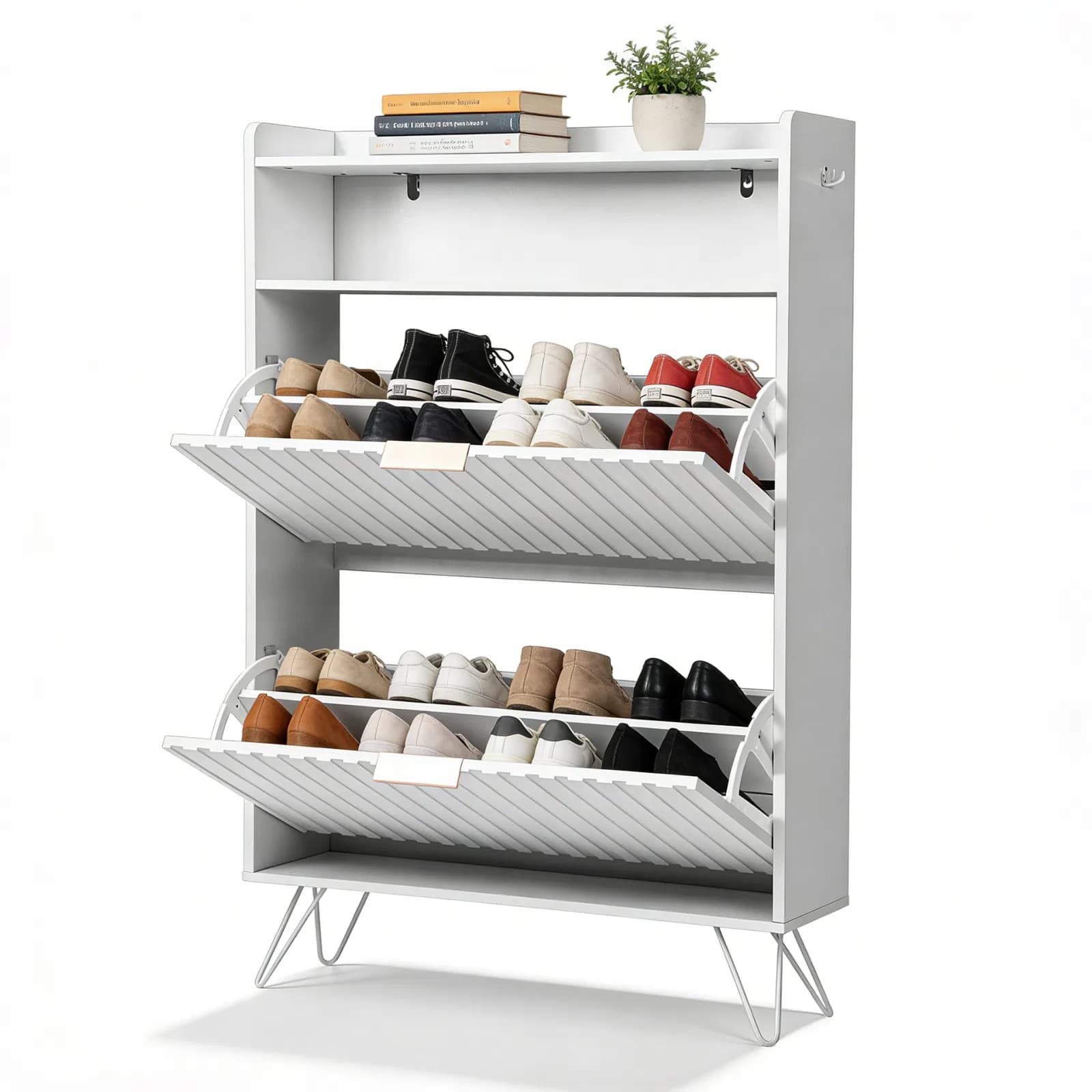 Shoe cabinet with slatted front panel and side panels, two compartments with top-opening lids, two hooks, and high legs. Particleboard cabinet body, MDF vacuum-formed doors. 80*24*120cm, White
