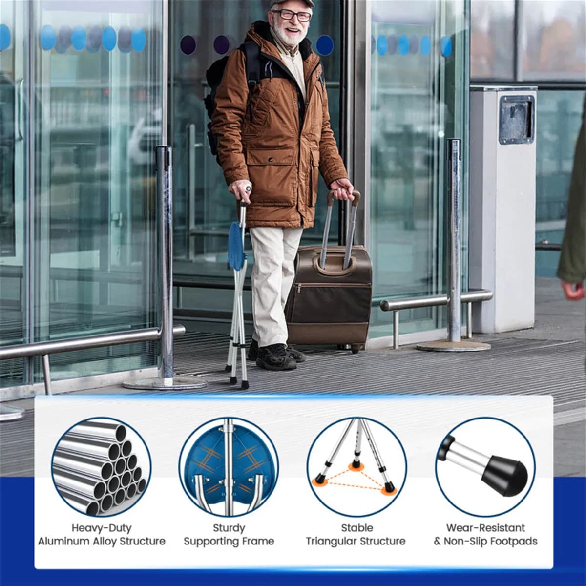 Folding Seat Cane (220lbs): 5-Level Height Adjust, LED Light, Anti-Slip Pads, Aluminum Alloy, Bonus Cushion/3 Foot Pads for Elder-Silver