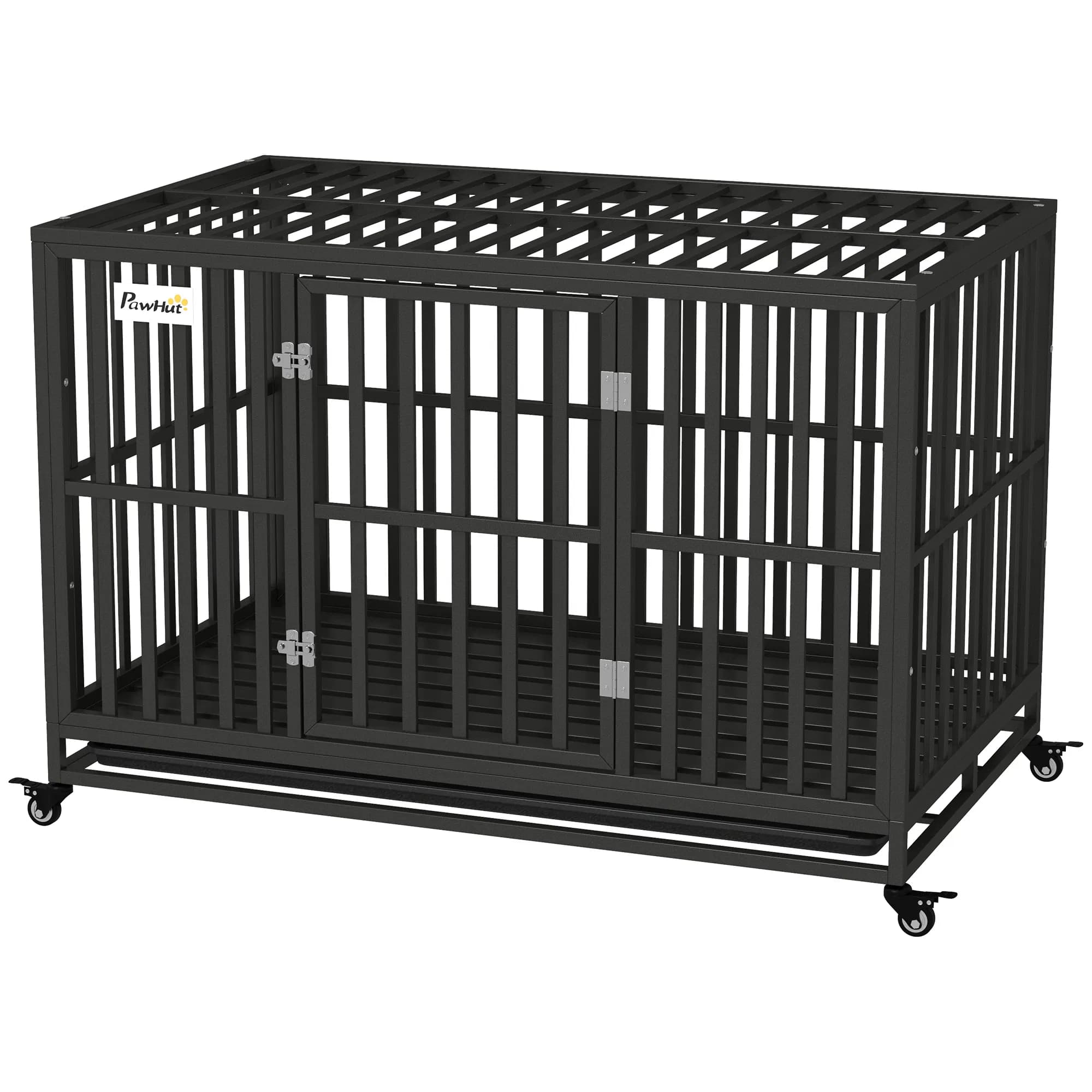 49" Heavy Duty Steel Dog Crate Kennel Pet Cage with Wheels for Convenient Access Anti-Pinching Floor, Black