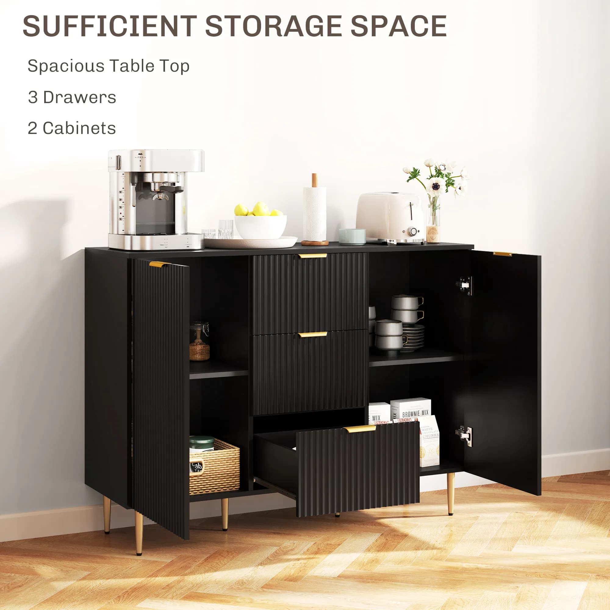 Modern Kitchen Storage Cabinet, Sideboard Buffet Cabinet w/ 3 Drawers and Adjustable Shelves for Kitchen Hallway, Black