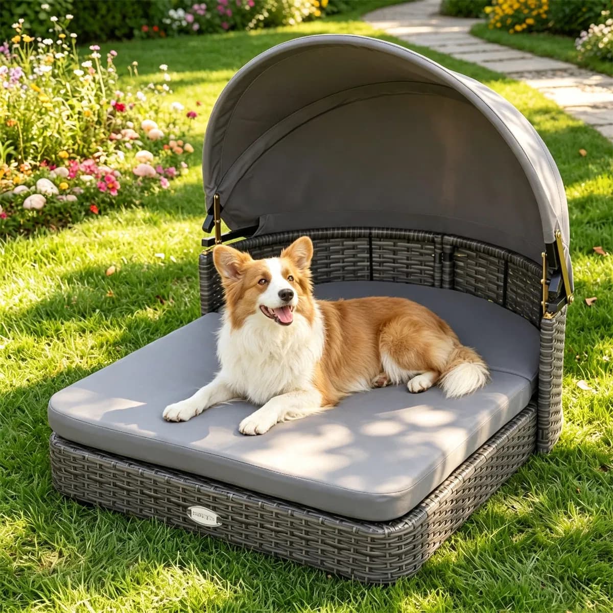 Gray Hand-Woven PE Rattan Dog Bed with Adjustable Canopy, Elevated Outdoor Pet Daybed with Washable Plush Cushion, Anti-Slip Breathable Pet Shelter for Indoor Patio Garden