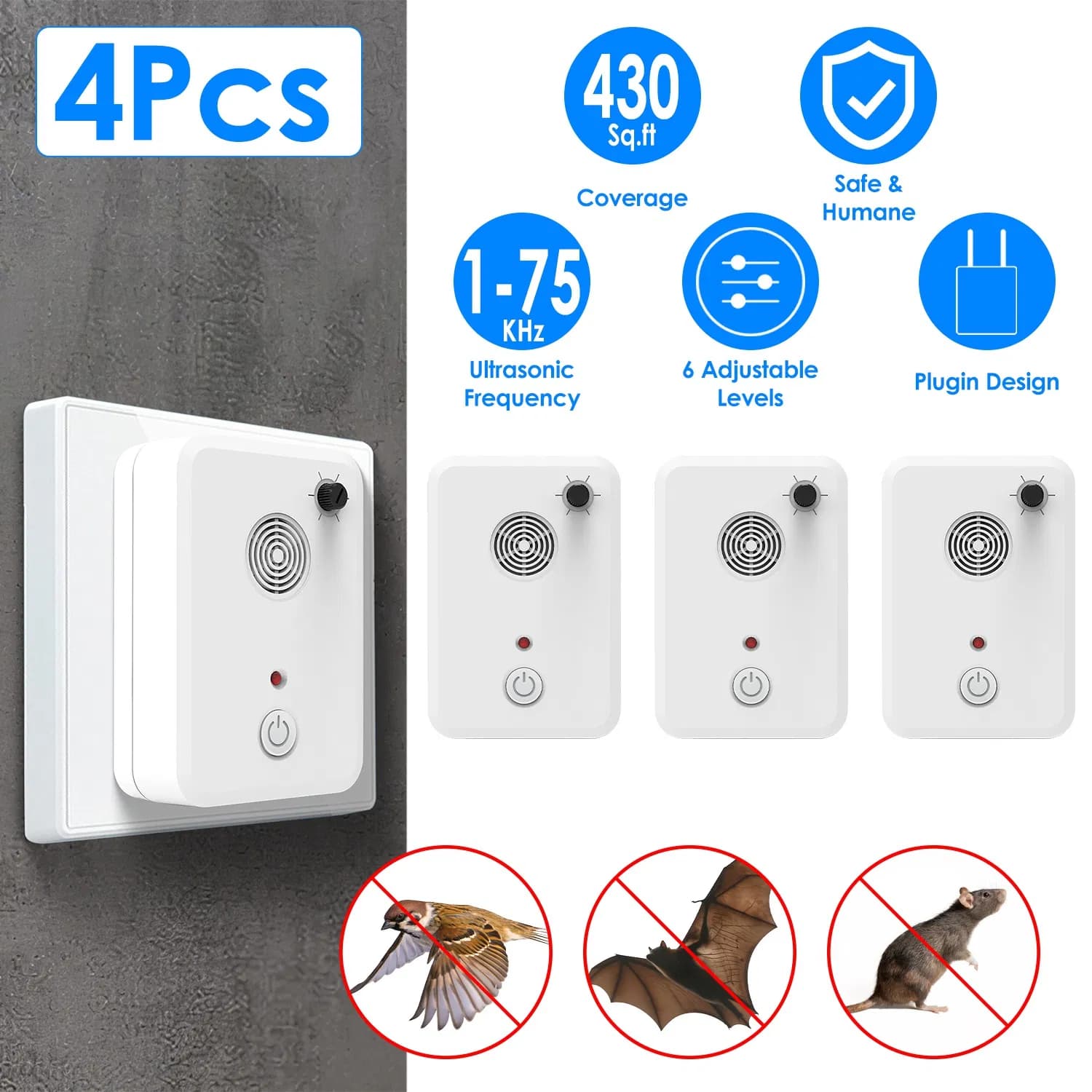 4 Packs Ultrasonic Pest Repeller, 1-75KHz 6 Adjustable Levels for Bats Birds Mice, Humane Indoor Pest Control