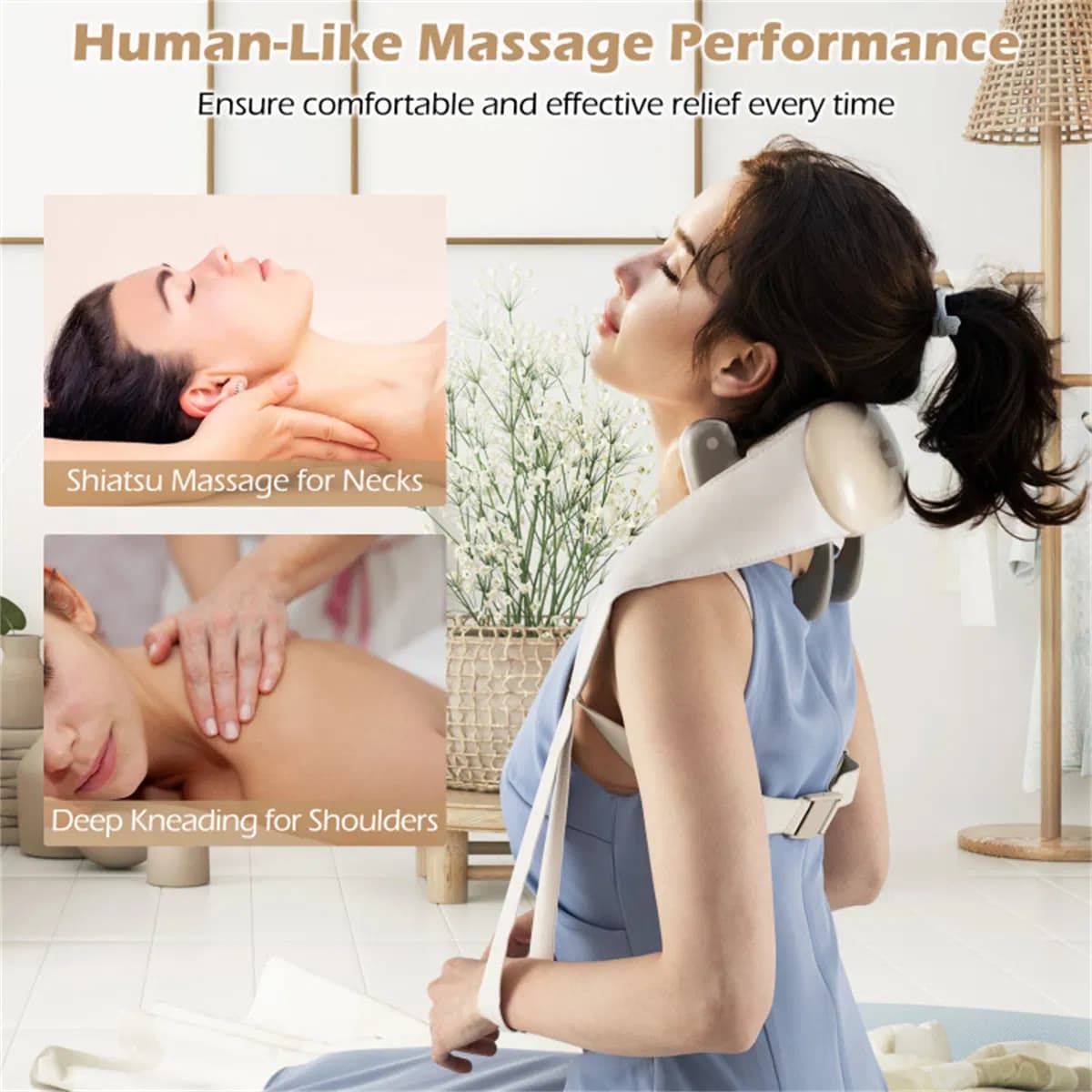 Neck Shoulder Massager - 4D Deep Tissue Kneading, 2 Modes & 2-Level Heat (104-113°F), Hands-Free Straps for Home/Office/Travel