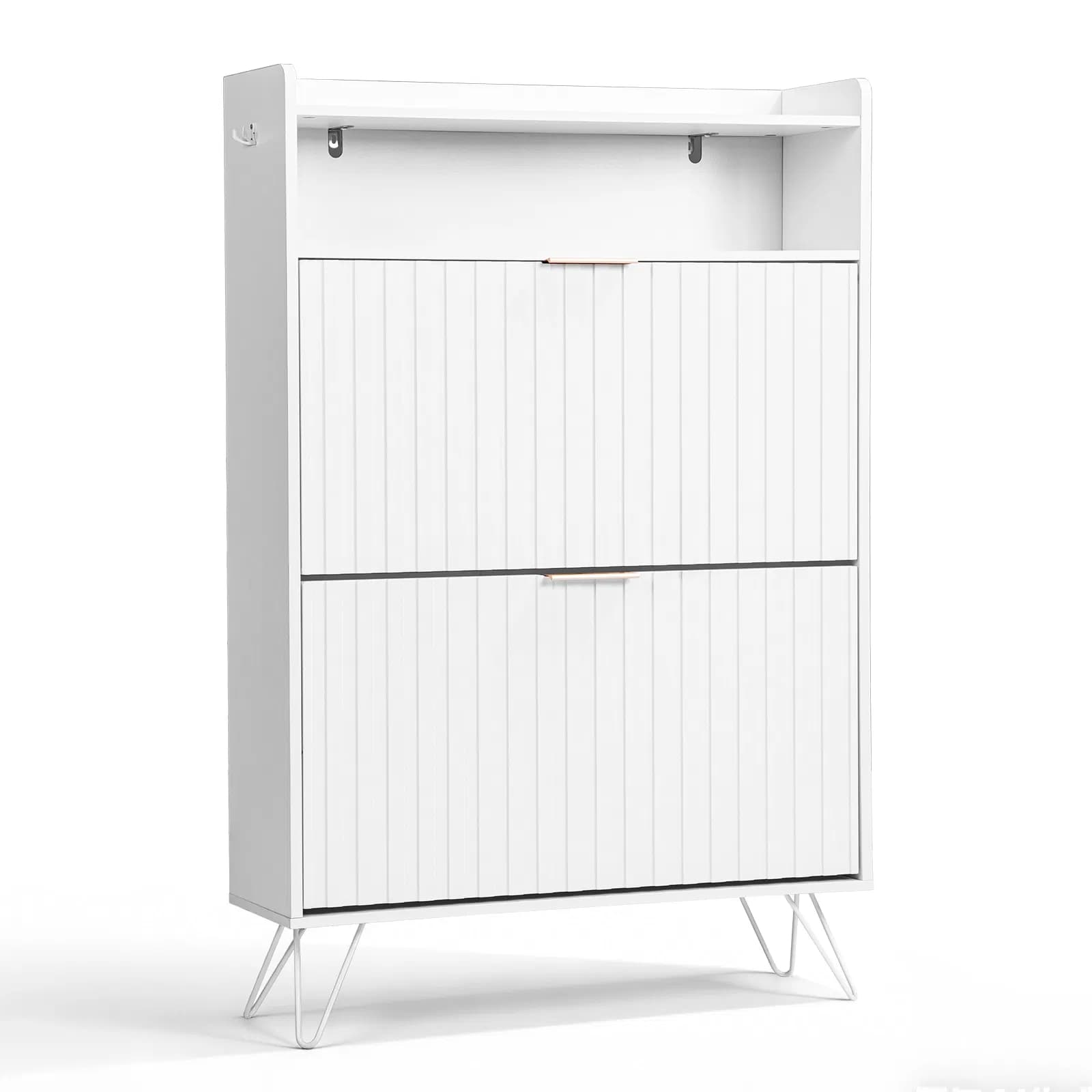 Shoe cabinet with slatted front panel and side panels, two compartments with top-opening lids, two hooks, and high legs. Particleboard cabinet body, MDF vacuum-formed doors. 80*24*120cm, White