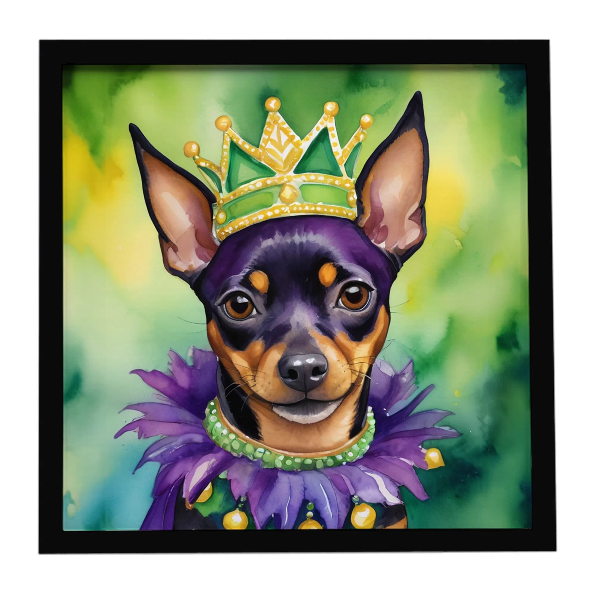 Miniature Pinscher King of Mardi Gras Framed Metal Print Bathroom, Kitchen, Office, Home Decor Wall Art Ready to Hang, Square, 8X8
