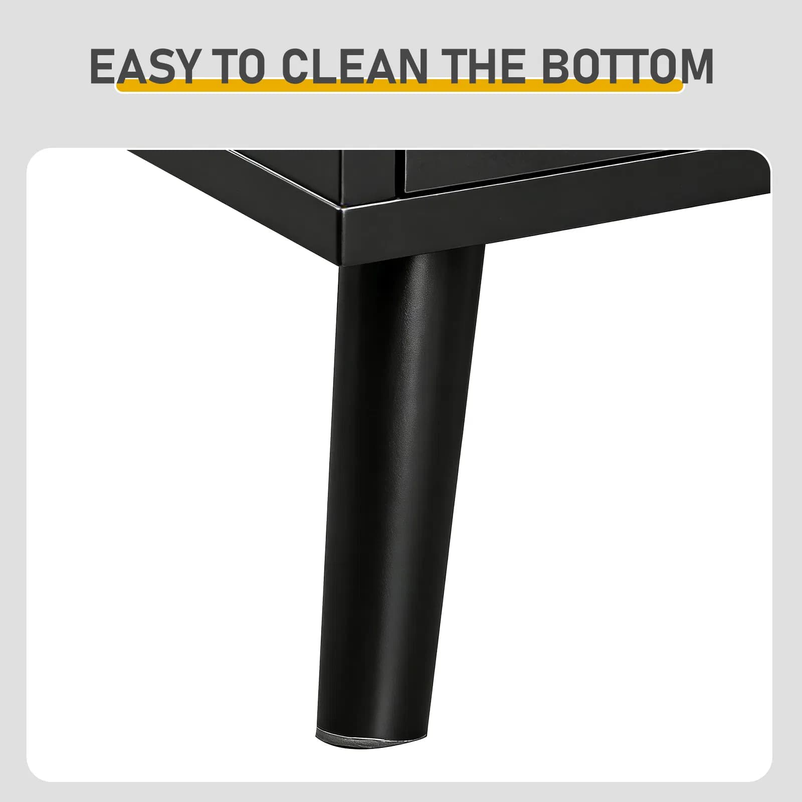2-door shoe cabinet with high legs, internal 4-tier shelving, USB LED light strip, and 24-key adjustable lighting. Made of particleboard and polycarbonate. Dimensions: 68*40*83.5 cm. Color: Black