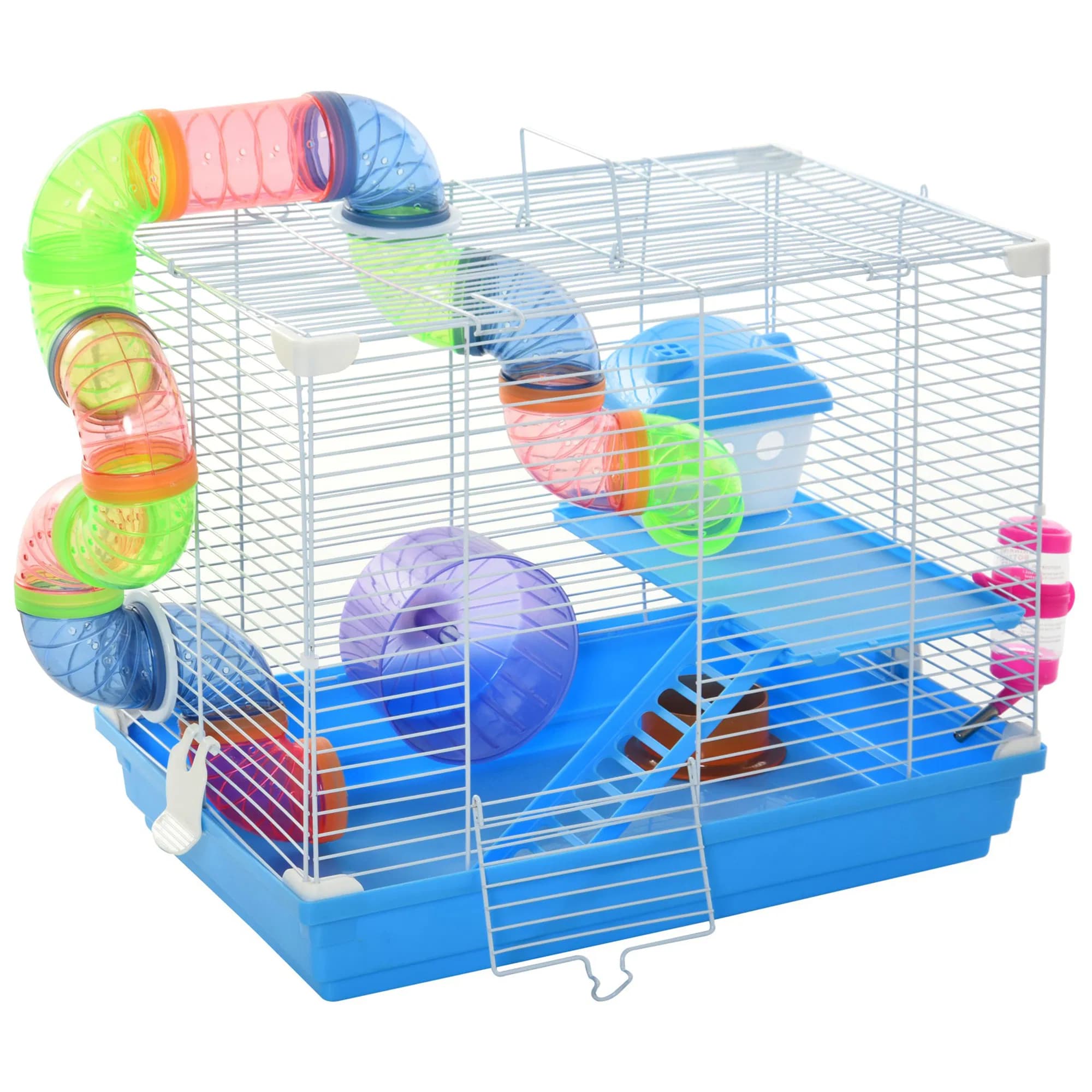18"L Hamster Cage, Small Animal House, 2-Level Rat Gerbil Haven with Tunnel Tube System, Exercise Wheel, Water Bottle, Food Dish, Ramp, Blue