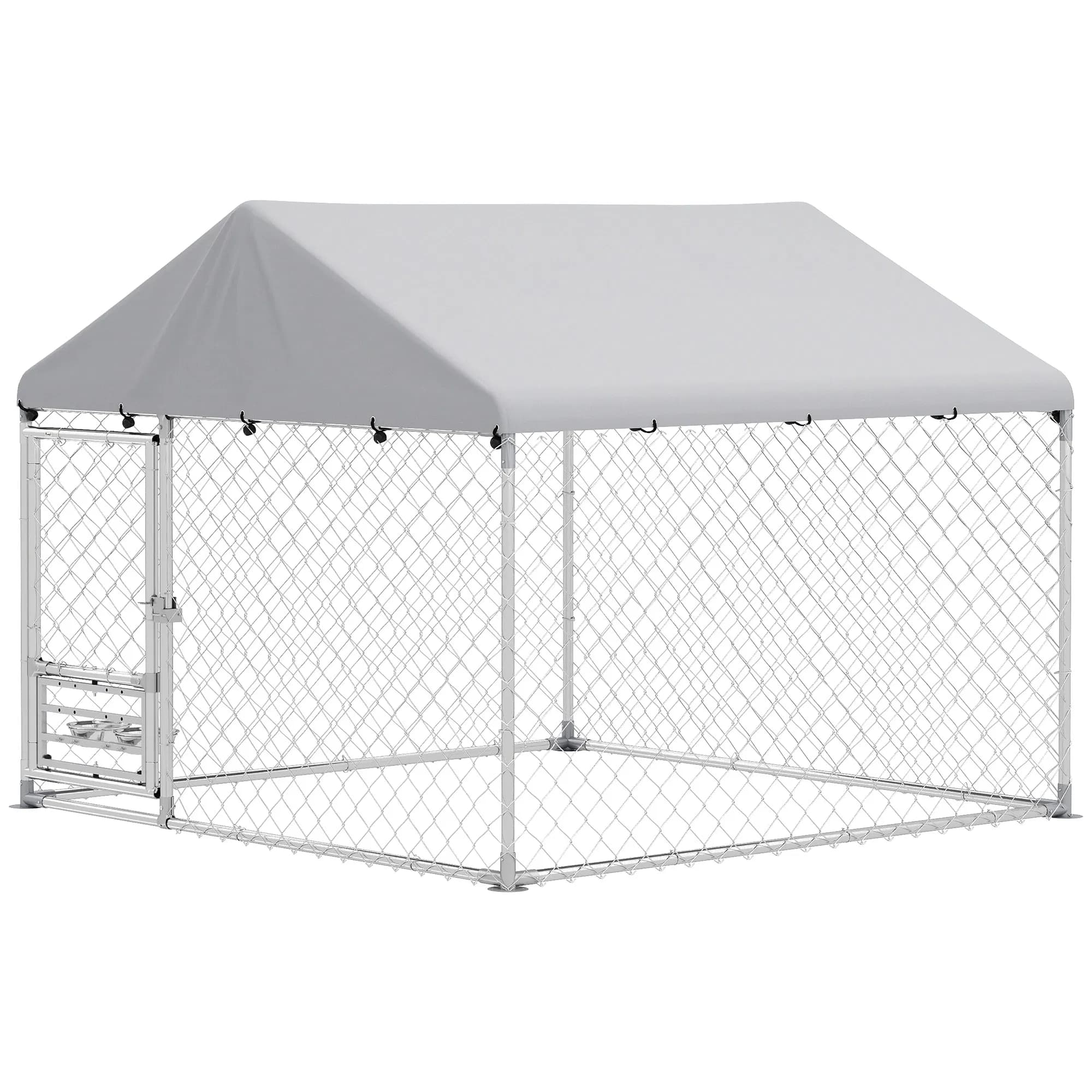 Outdoor Dog Run w/ Adjustable & Rotating Bowls, Waterproof UV-Resistant Cover, Secure Lock, 6.6' x 6.6' x 5.1'