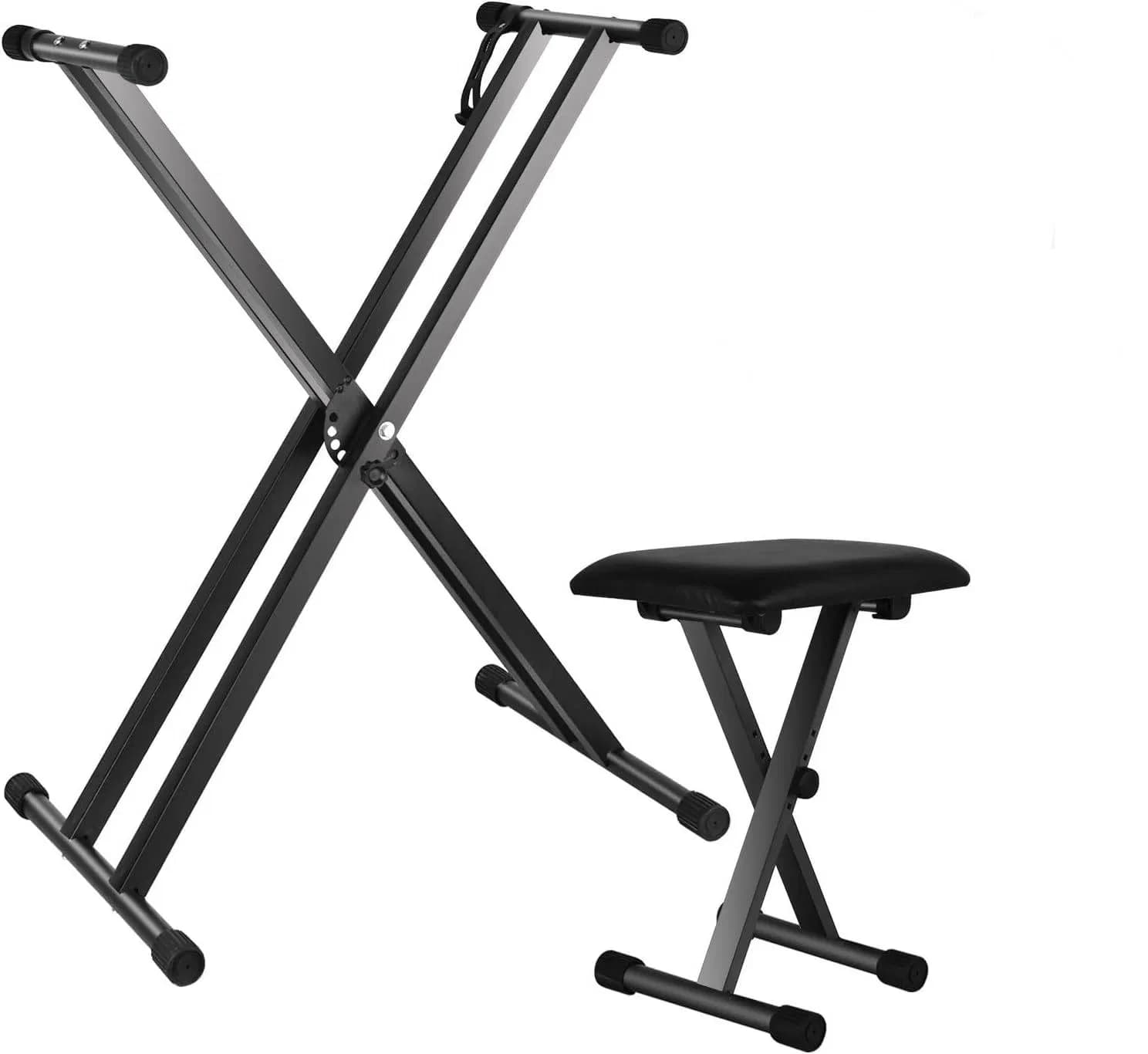 Dual-tube X-Shape Keyboard Stand + Adjustable Folding Piano Bench Stool Seat Black