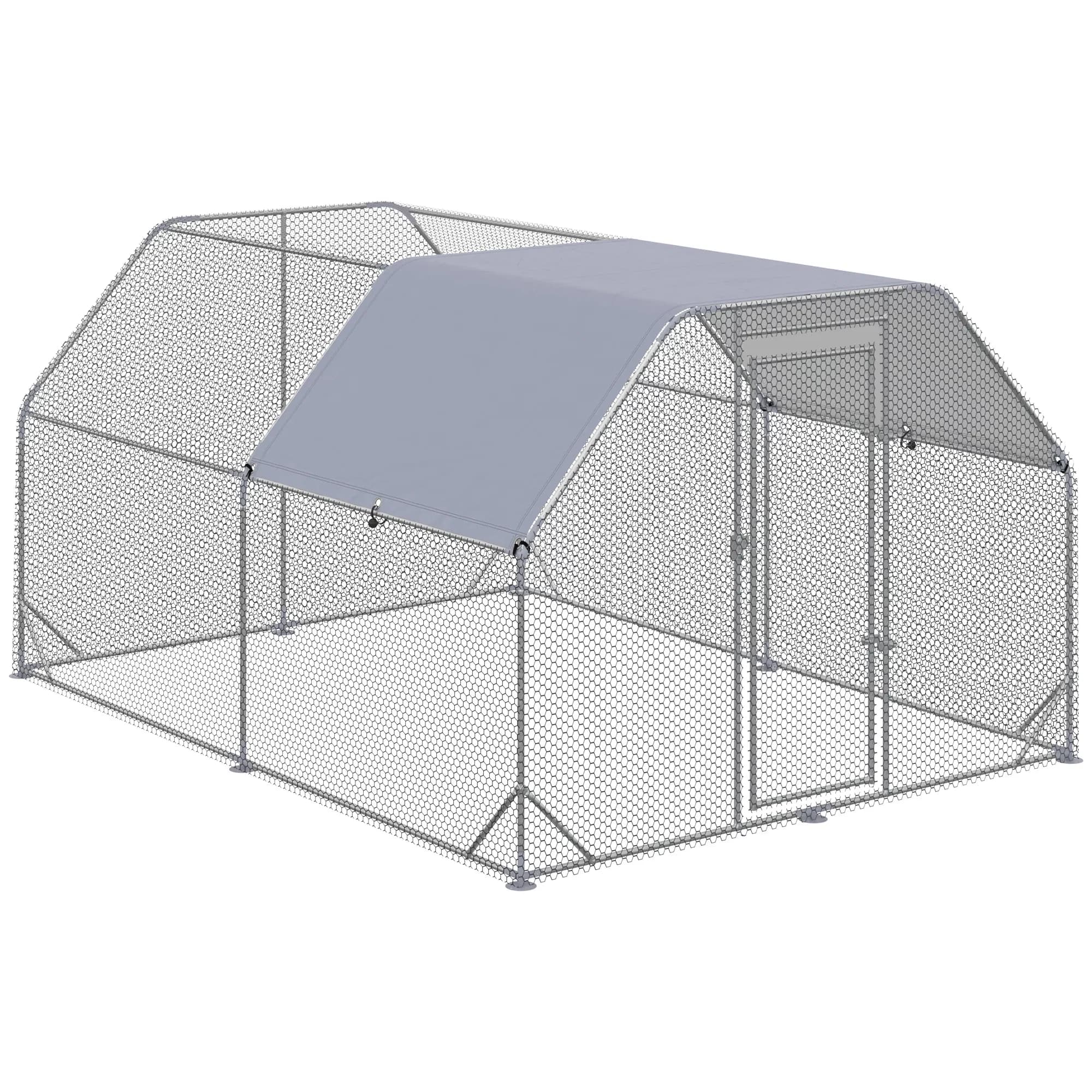 Chicken Run, Galvanized Large Metal Chicken Coop Cage, Walk-in Enclosure Poultry Hen Run House Playpen Rabbit Hutch with Flat Roof, Cover, 9.2' x 12.5' x 6.5', Silver