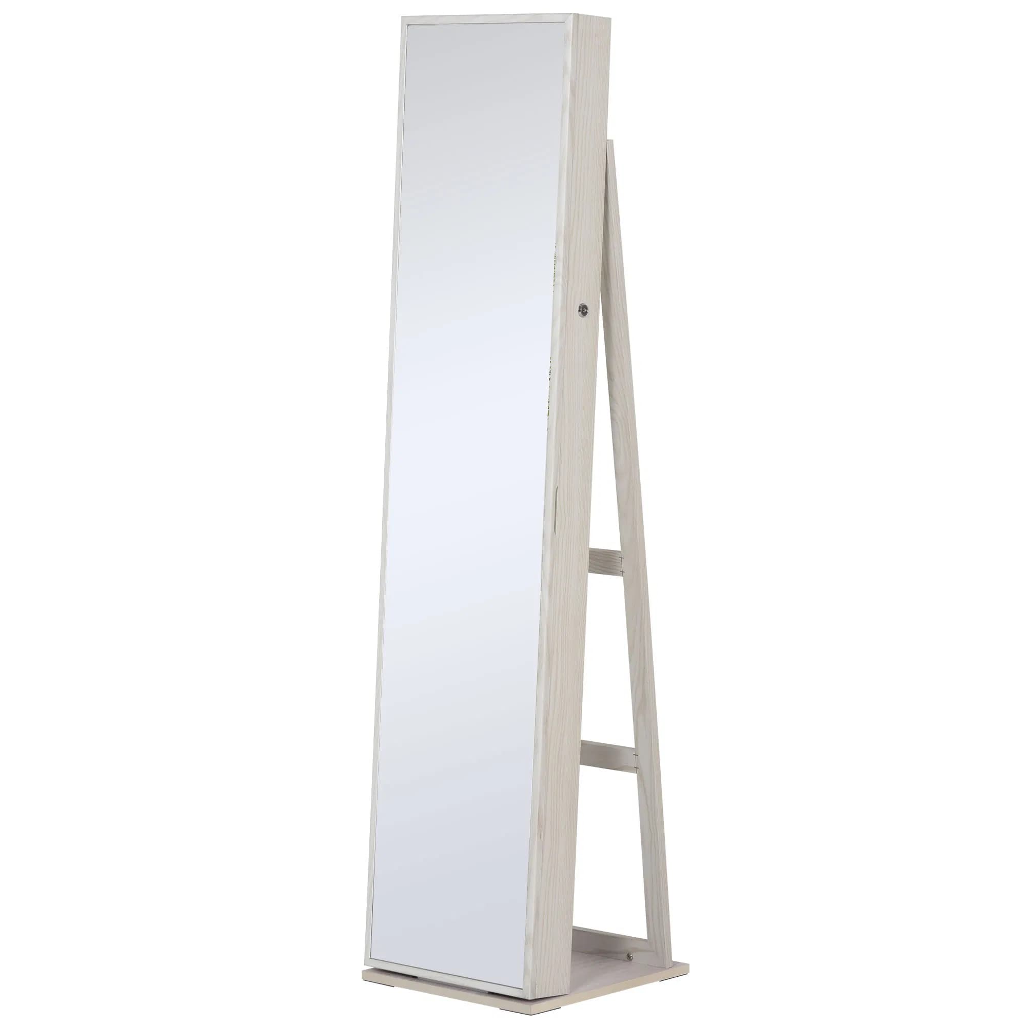 Lockable Jewelry Cabinet Standing Armoire Full Length Mirror LED Lights White Jewelry Organizer