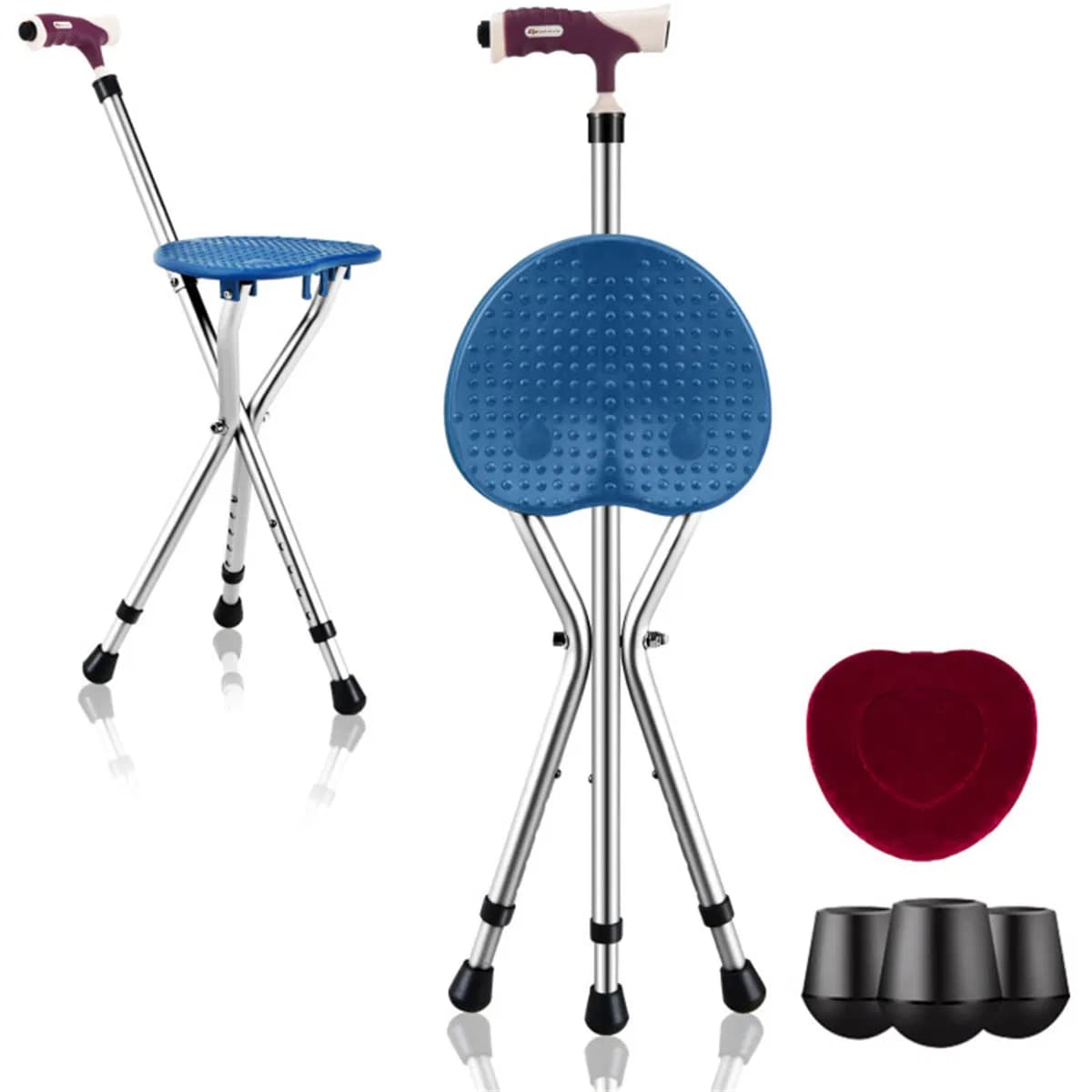 Folding Seat Cane (220lbs): 5-Level Height Adjust, LED Light, Anti-Slip Pads, Aluminum Alloy, Bonus Cushion/3 Foot Pads for Elder-Silver