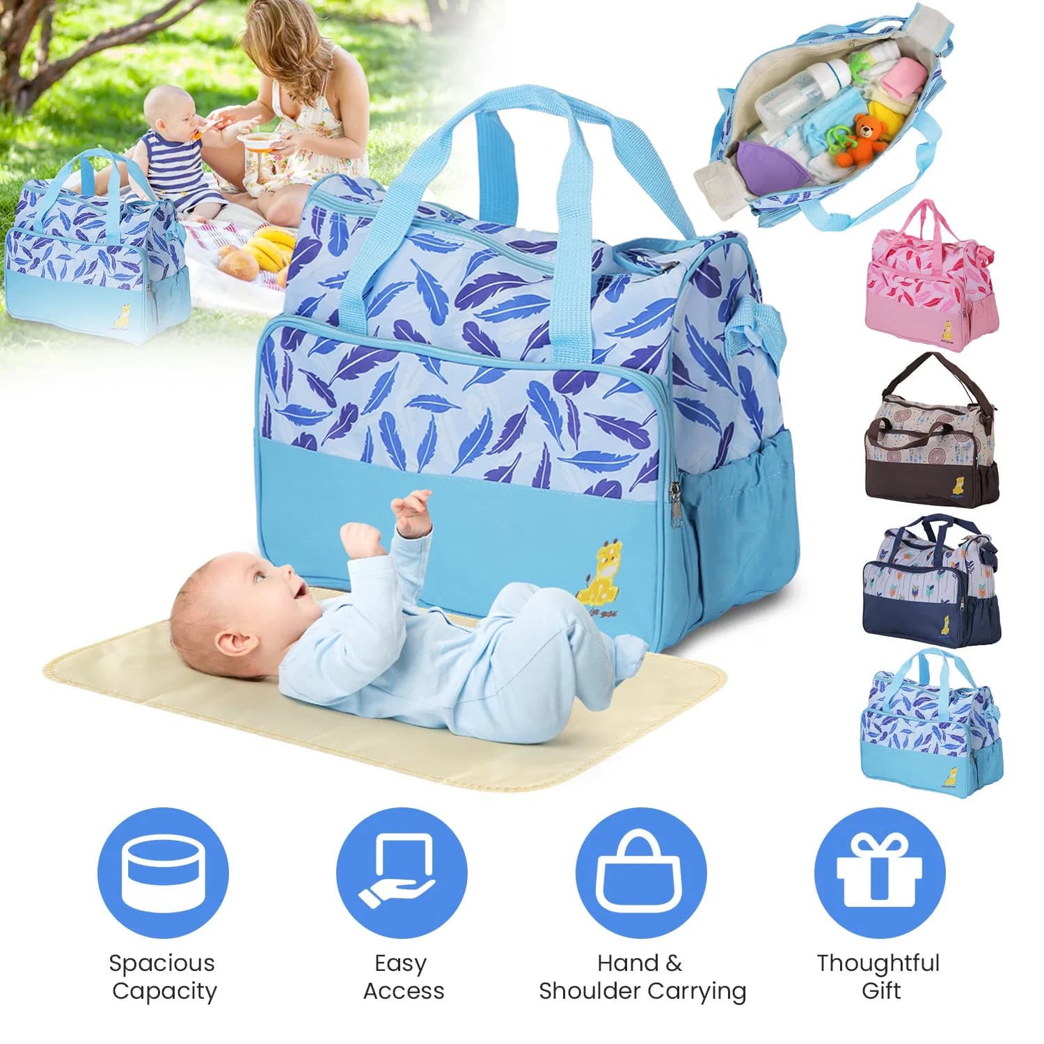 5Pcs Baby Nappy Diaper Bags Set Mummy Diaper Handbags with Diaper Pad Food Bag Bottle Bag Travel Tote Bags For Mom Dad
