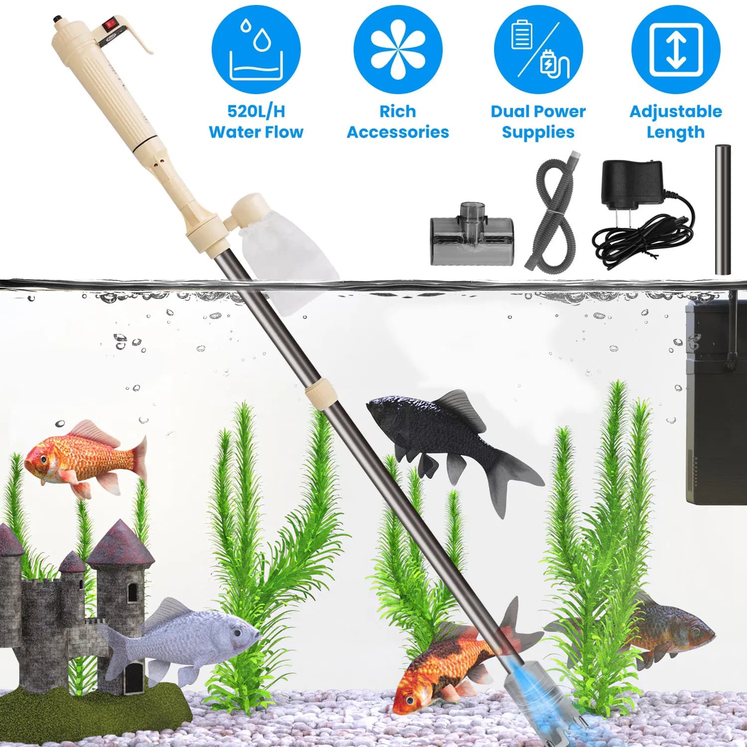 Aquarium Gravel Cleaner Kit, Electric Fish Tank Vacuum 137GPH, Extendable Water Tube, Dual Power Options, with Gravel Head & Silicone Cleaning Head for Tank Maintenance