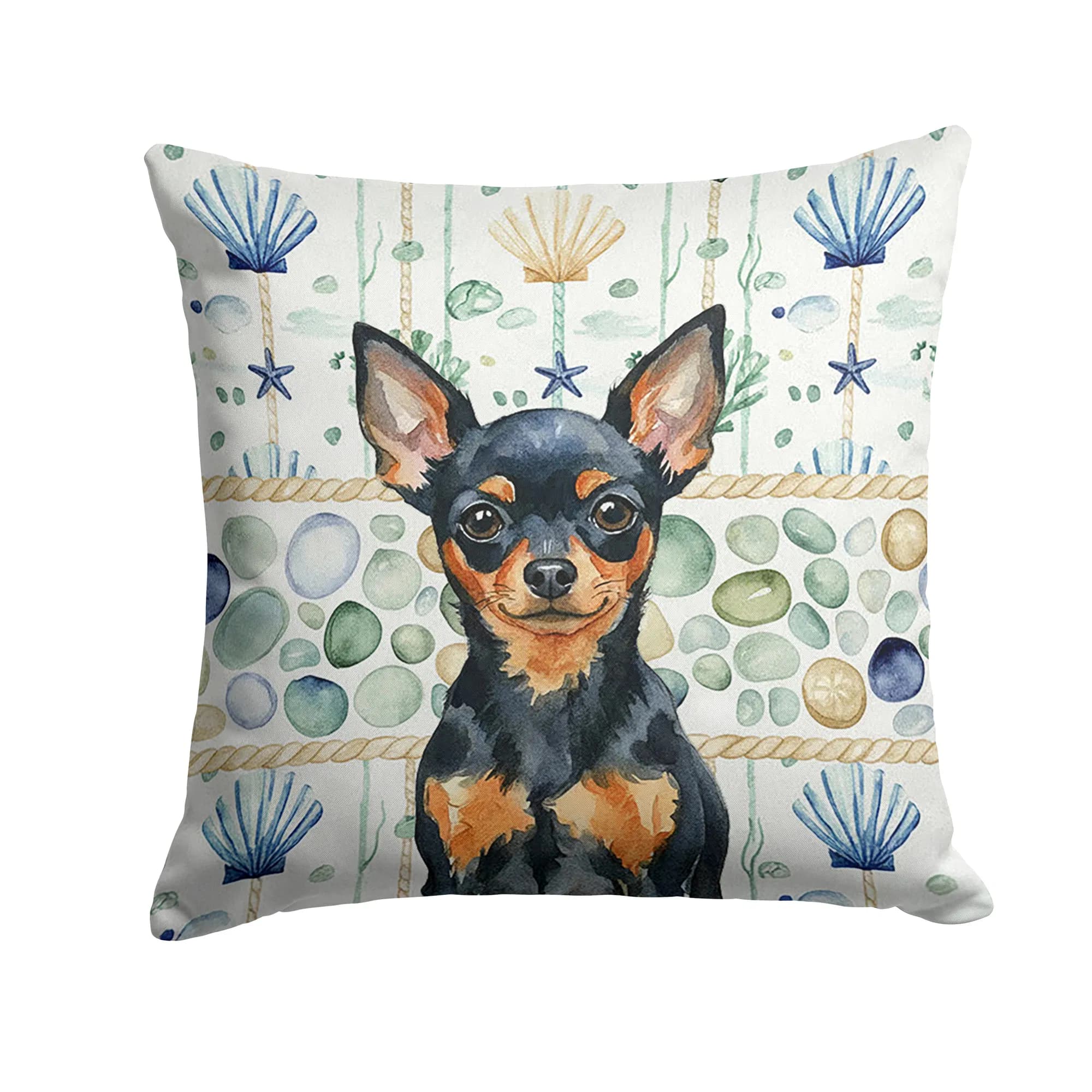 Black and Tan Russian Toy Coastal Sea Glass Throw Pillow Decorative Indoor Outdoor Accent Cushion for Couch, Bed or Patio, 18Hx18W