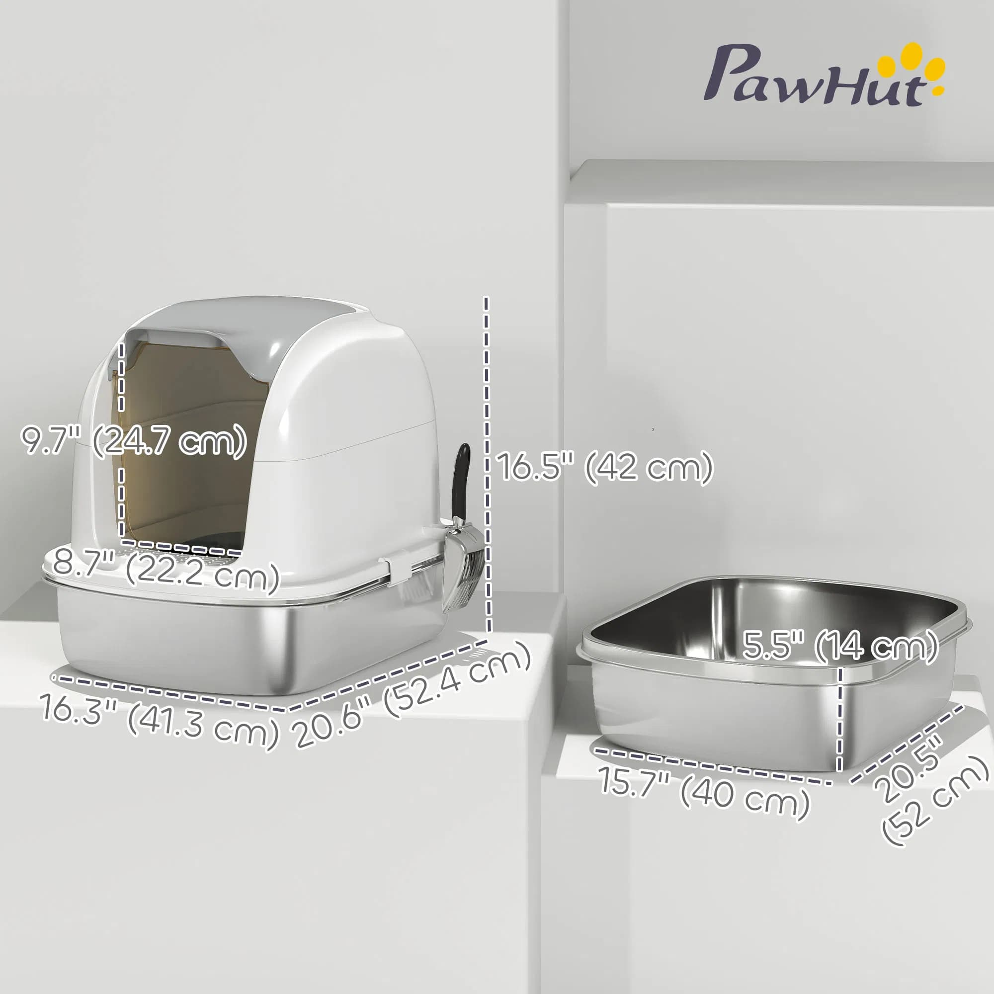 XL Stainless Steel Cat Litter Box with Lid for Big Cats, Enclosed Cat Litter Box with Flip Cover, Scoop