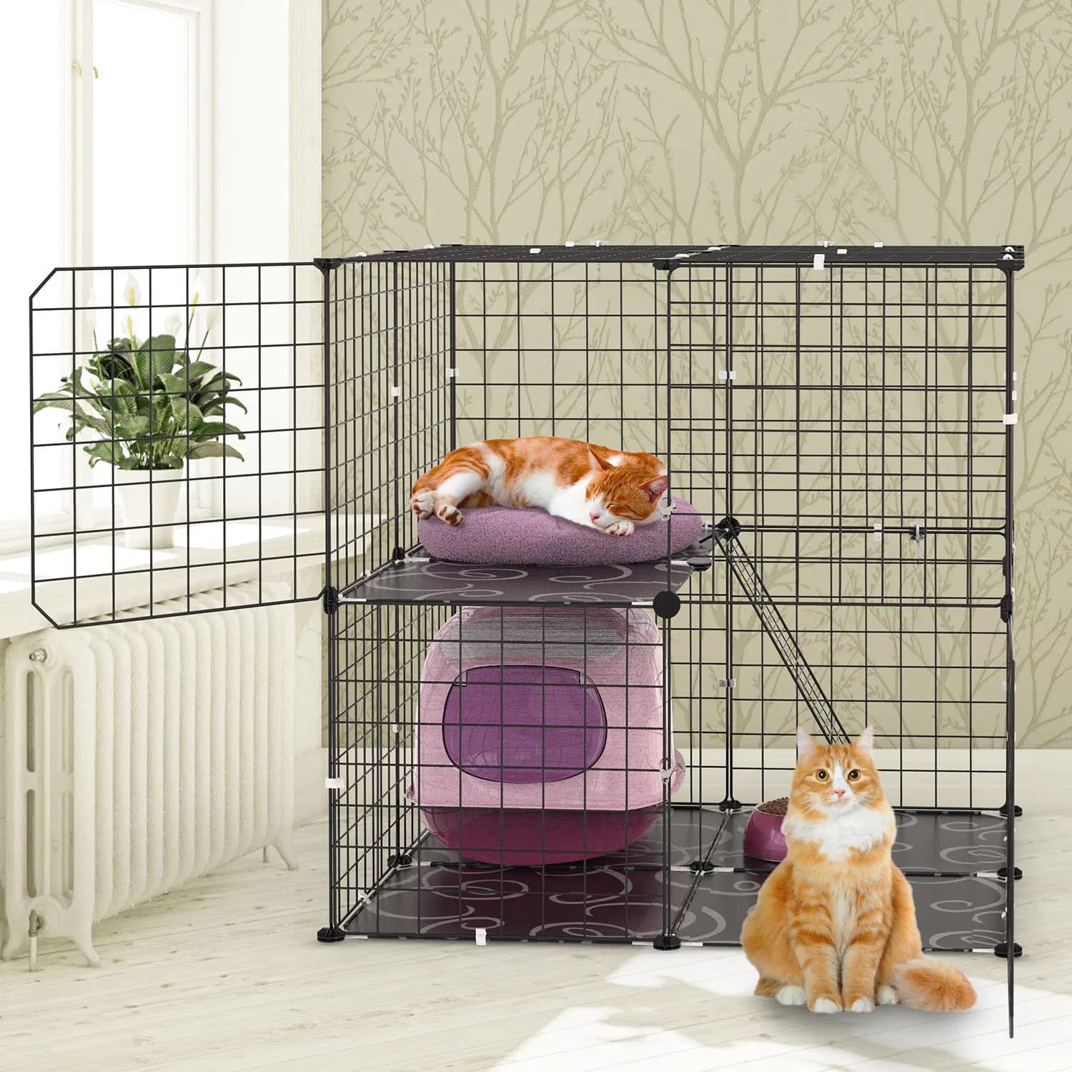 2Tier Cat Cage Playpen Indoor Pet Enclosures Kitten Kennel House Detachable Cat Crate with Climbing Ladder 2 Doors for 1-2 Cats for Ferret Squirrel Small Animals