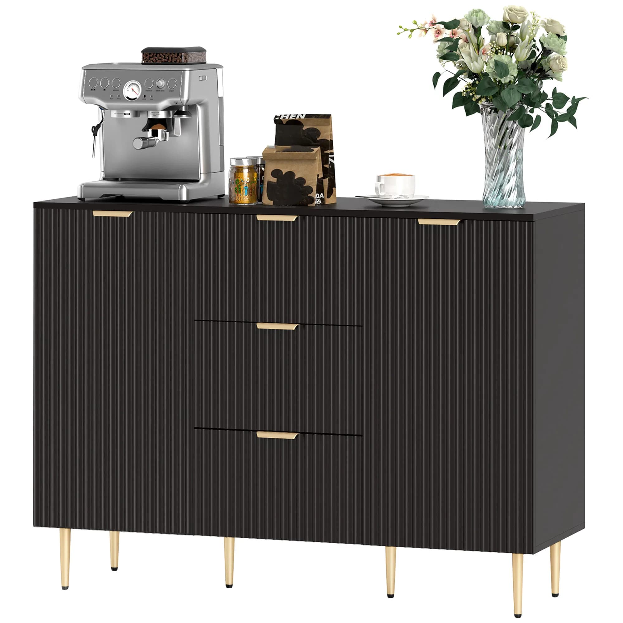 Modern Kitchen Storage Cabinet, Sideboard Buffet Cabinet w/ 3 Drawers and Adjustable Shelves for Kitchen Hallway, Black