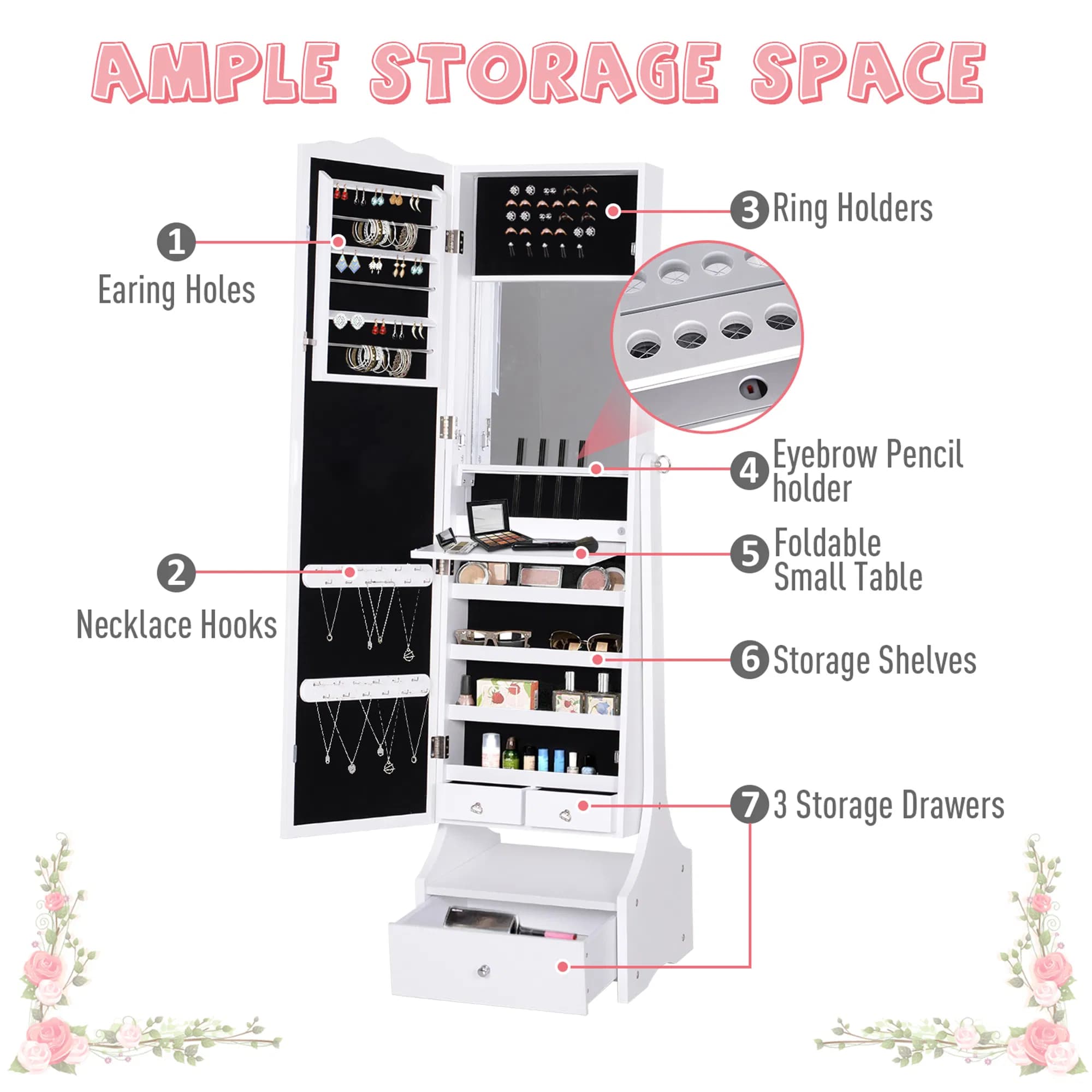 Standing Jewelry Armoire: With LED Lights, Full-Length Mirror, Adjustable Angle, White