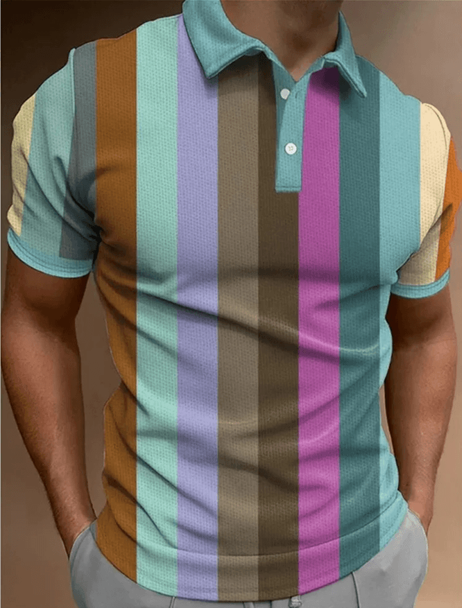 2026 Men's T-Shirt 3D Rainbow Print Men's Clothing Summer Casual Short Sleeve Street Fashion Turn-down Collar POLO Shirt Top