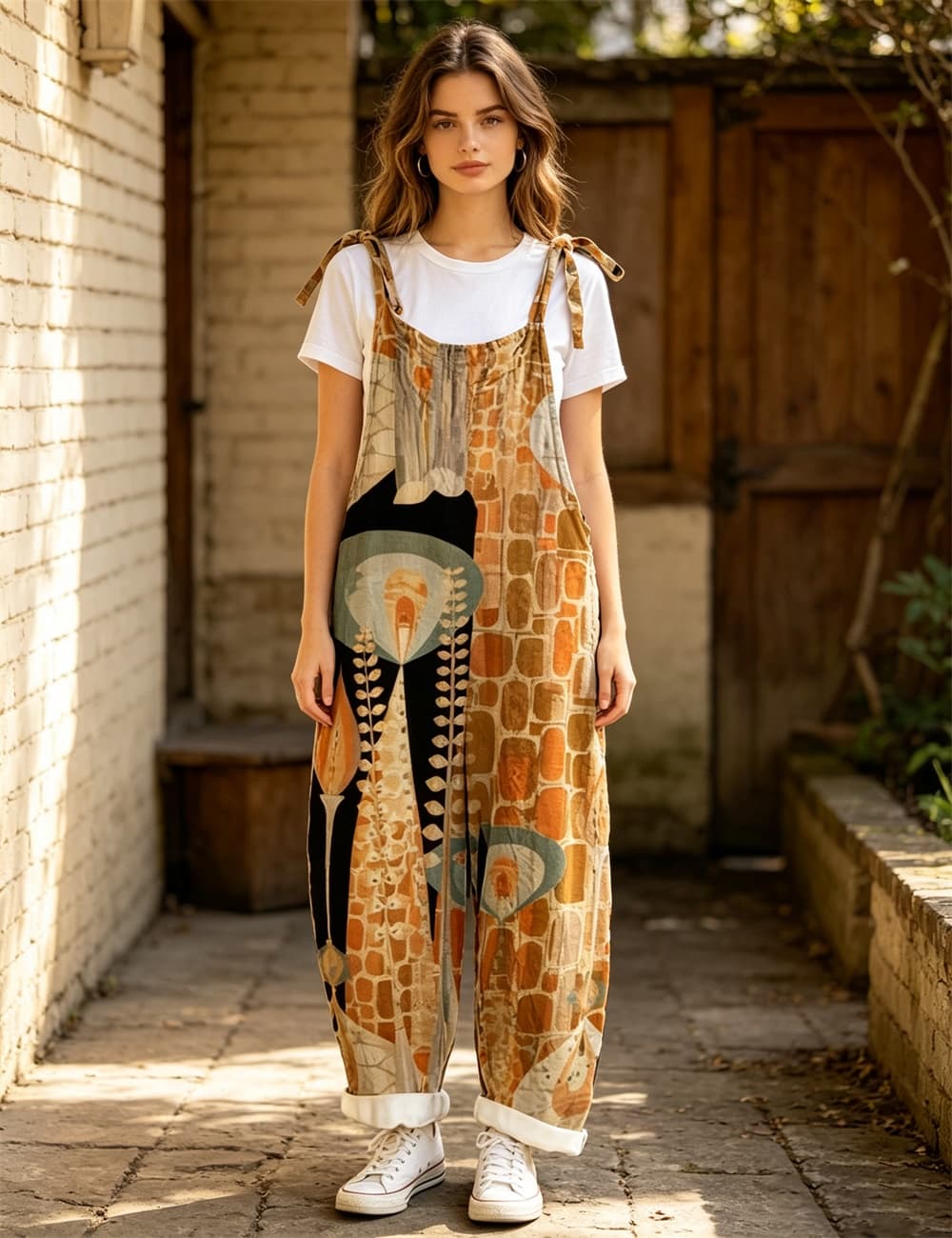 Women Vintage Abstract Plant Block Print Tie Strap Overalls, Loose Wide Leg Rolled Cuff Casual Jumpsuit With Pockets