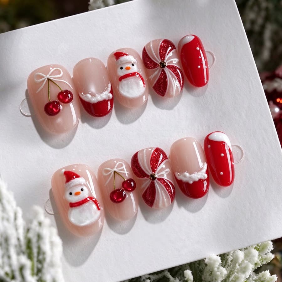 30 Pcs Oval Cat-Eye Christmas Press-On Nails, French Snowman Red Cherry Fake Nails, Holiday Artificial Nail Tips For Women, DIY Manicure Set