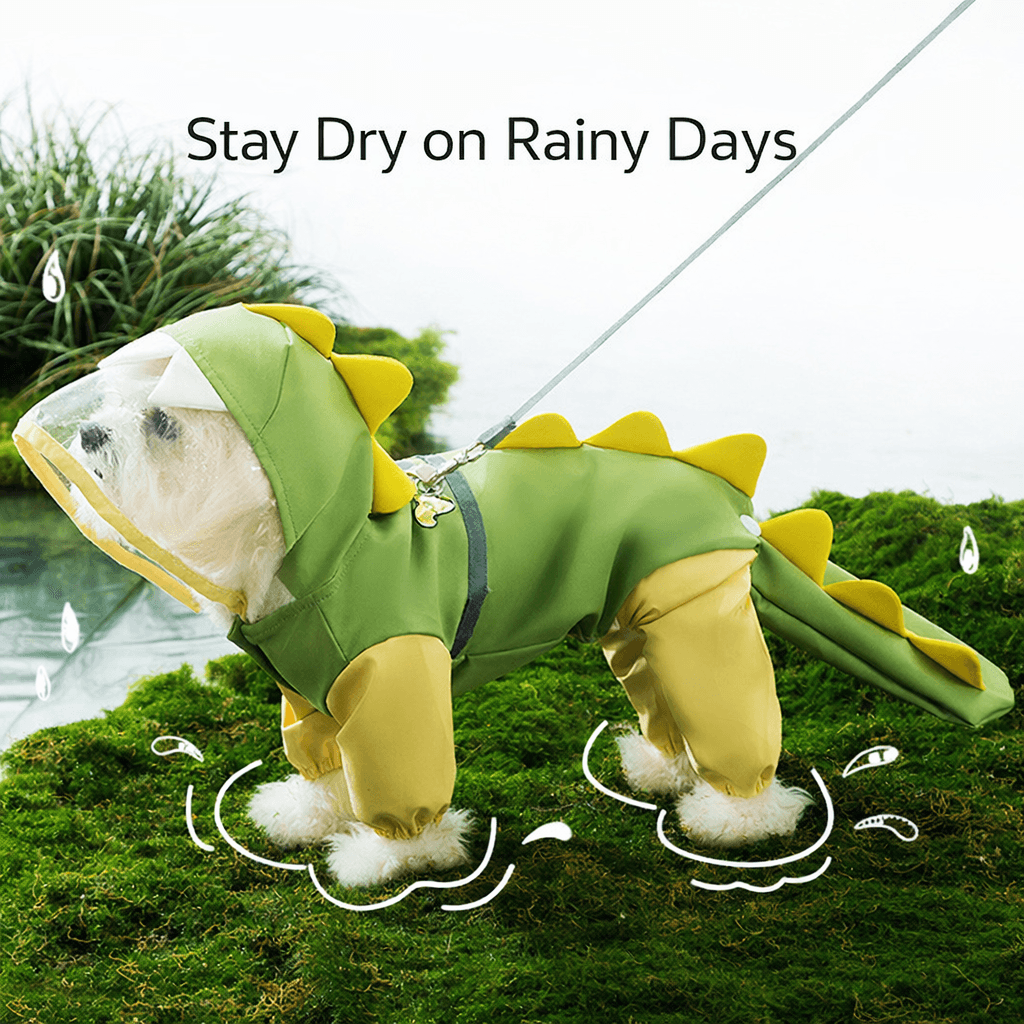 Dog Raincoat Waterproof 4-Legged Dinosaur Design With Tail Cover For Small Medium Large Dogs, Hooded Pet Rainwear With Reflective Strips Transparent Brim, Lightweight Rain Jacket For Teddy Golden Retr
