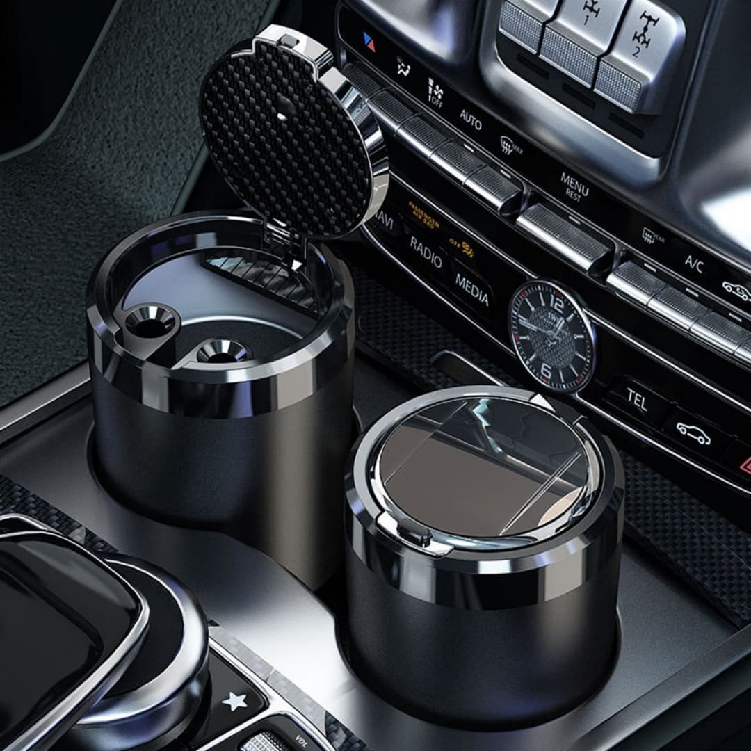 Car Ashtray, Ceramic Liner, Fireproof, Auto-open Lid, LED, Detachable