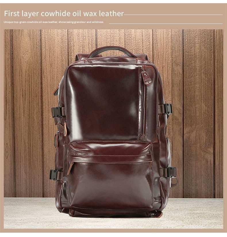 Leather Backpack, Travel Bag, Leather Top Layer, Cowhide Oil Wax Leather, Outdoor Hiking And Mountaineering Bag, Large Capacity Backpack