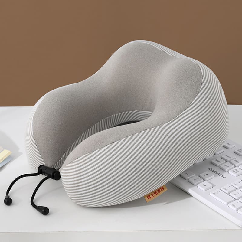 Memory Foam U Shaped Neck Pillow , Ergonomic Striped Travel Pillow With Adjustable Drawstring, Support Pillow For Airplane Car Office Nap