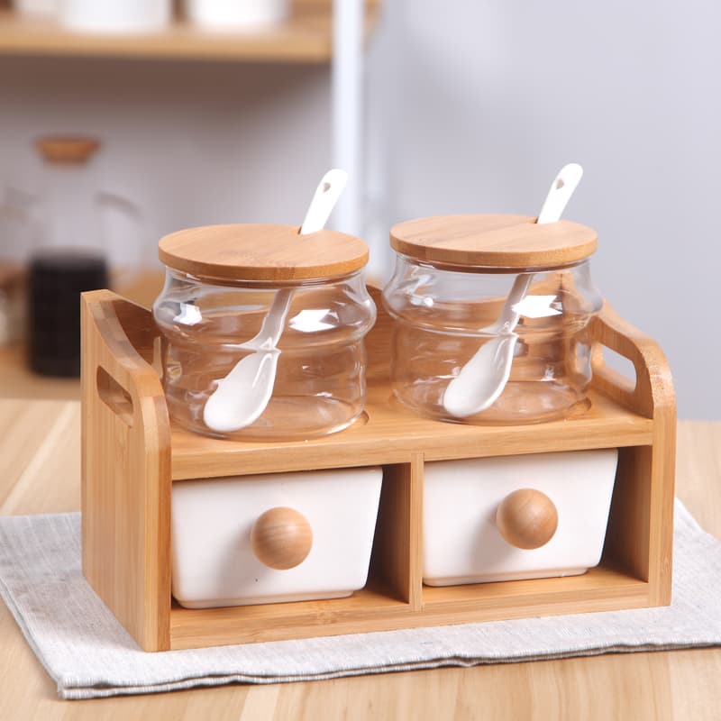 4pcs Ceramic Spice Storage Containers With Bamboo Stand