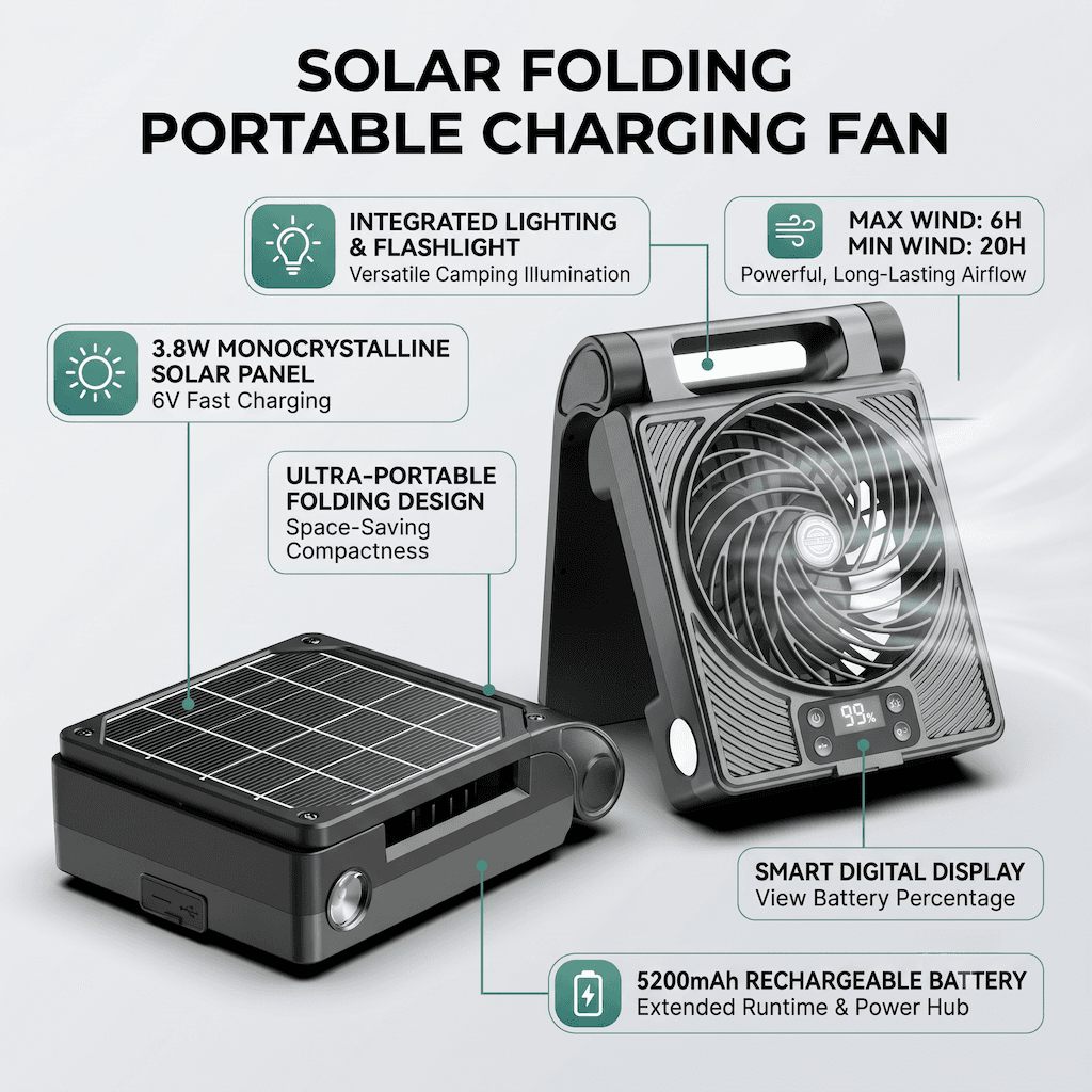 New Solar-Powered Foldable Portable Rechargeable Fan
