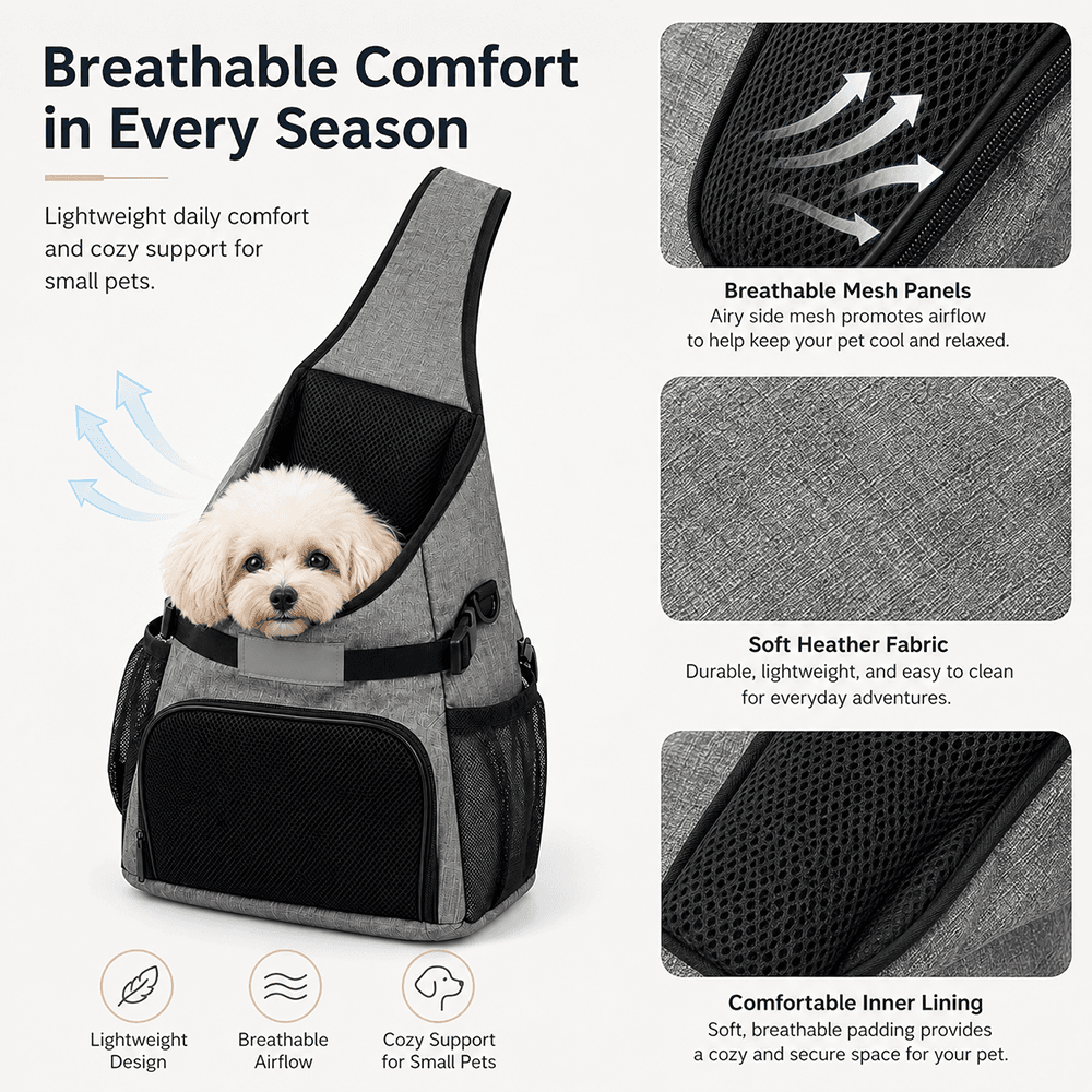 Pet Carrier Sling Bag Dog Cat Shoulder Backpack Breathable Mesh Travel Tote Safety Inner Leash Reflective Strip Large Capacity Multi-pocket