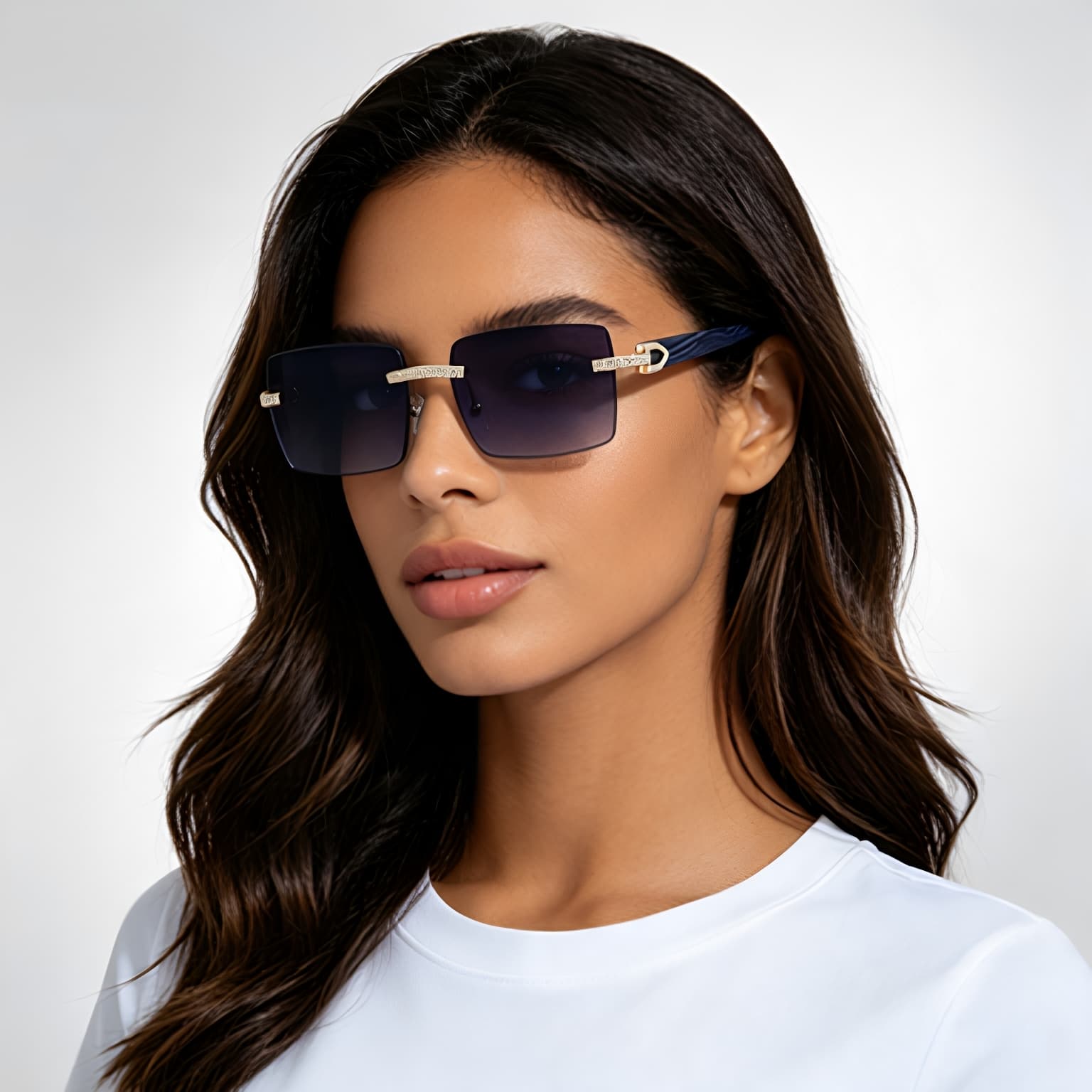 Retro Frameless Men's Sunglasses With Diamond-Encrusted Wood-Grain Temple Arms, New Cross-Border Sunglasses Wholesale Shades